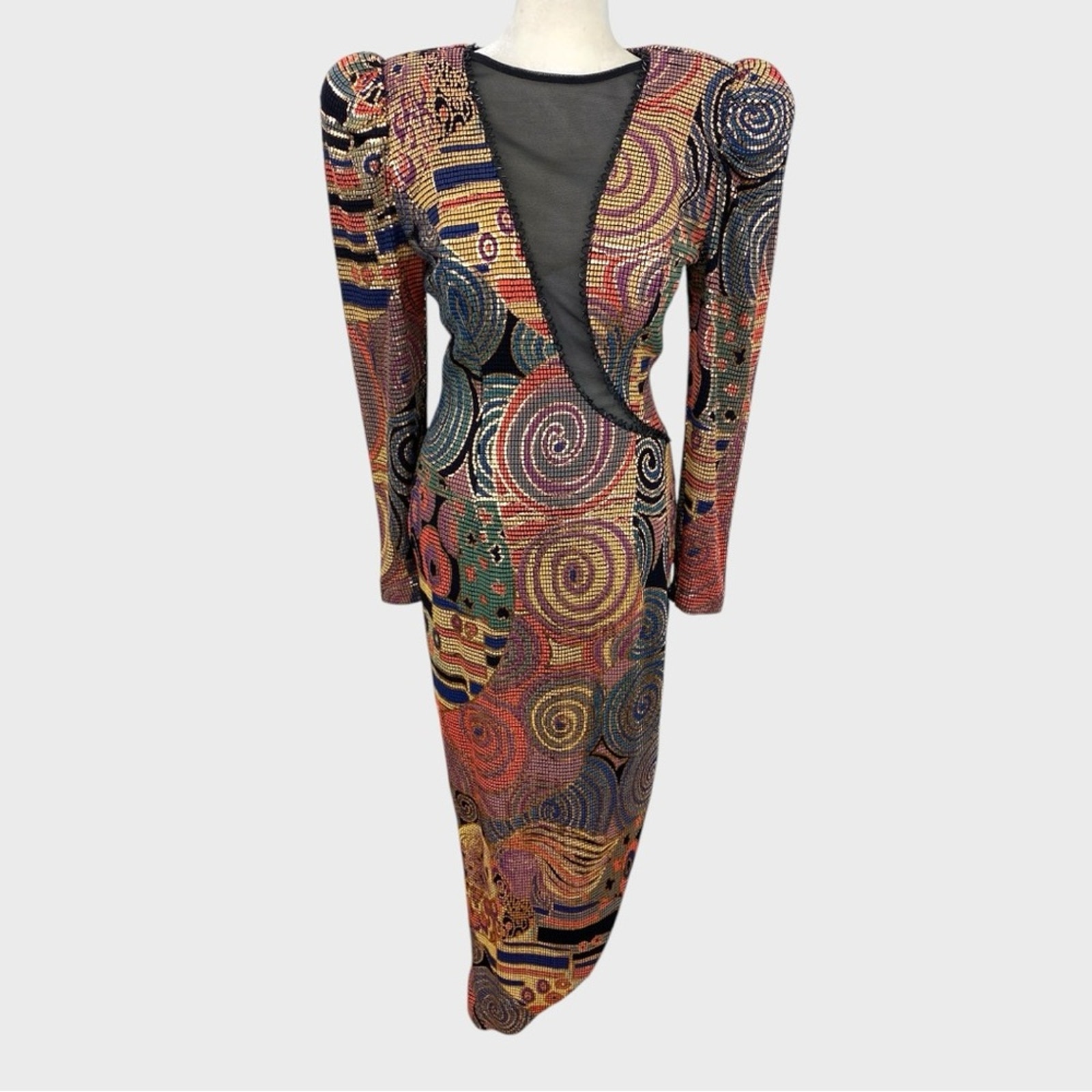 Vintage Multicolor Metallic Painted Bombshell Mesh Front Midi Dress Size Small