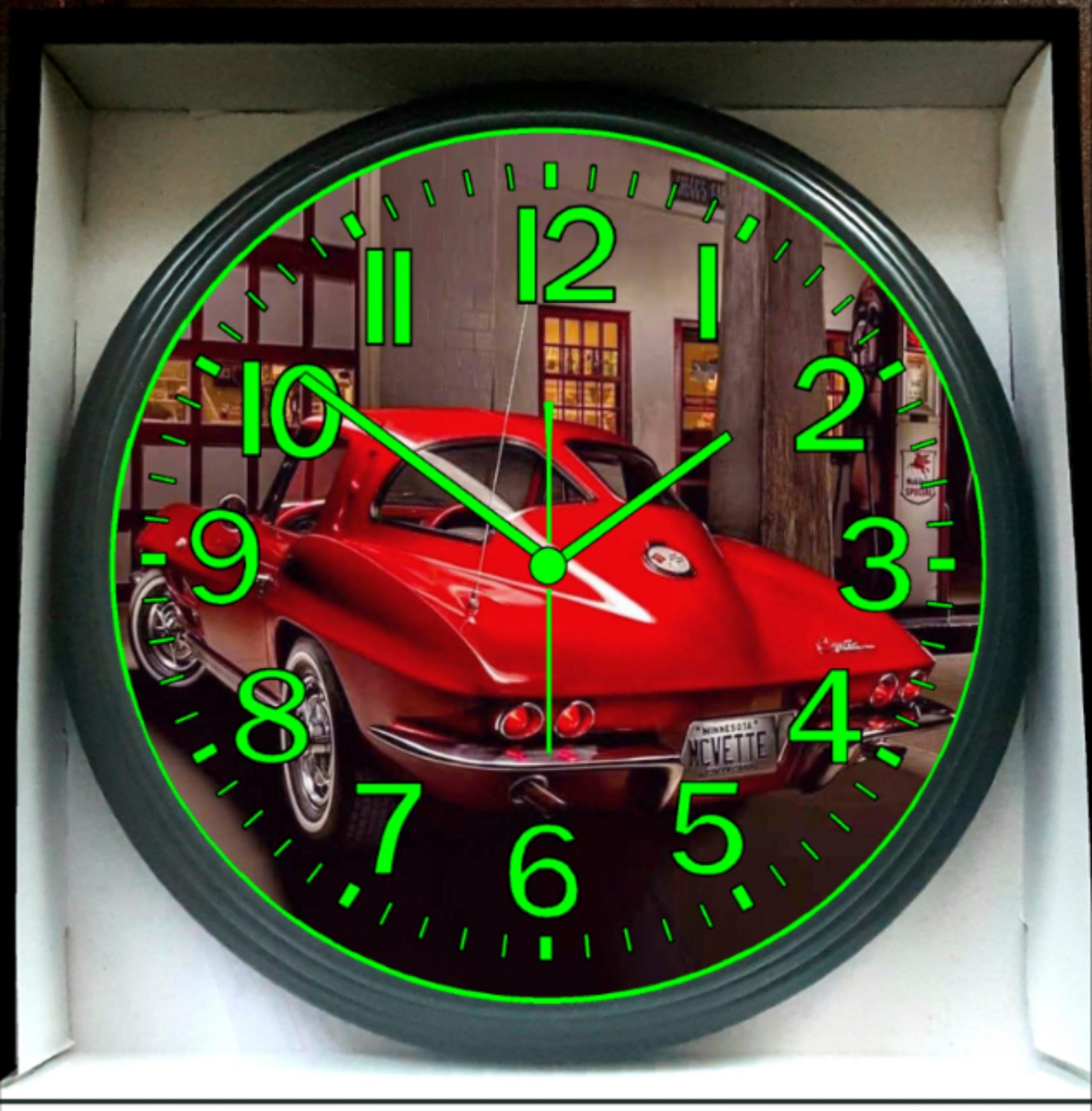 Classic Car Chevy Corvette Red Glow in The Dark Wall Clock New!