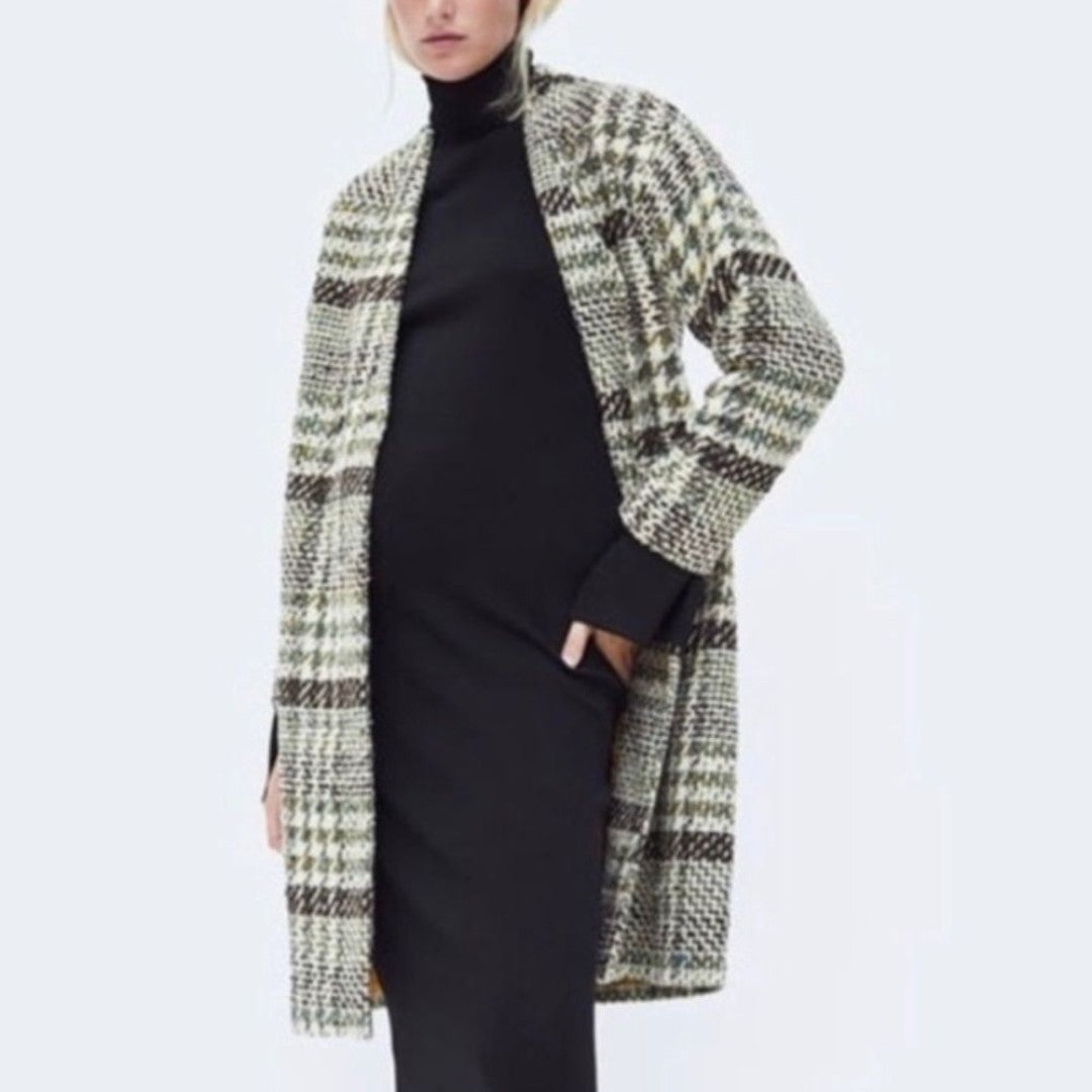 ZARA Black Cream Aqua Plaid Houndstooth Tweed Lapeless Long Coat Size Medium