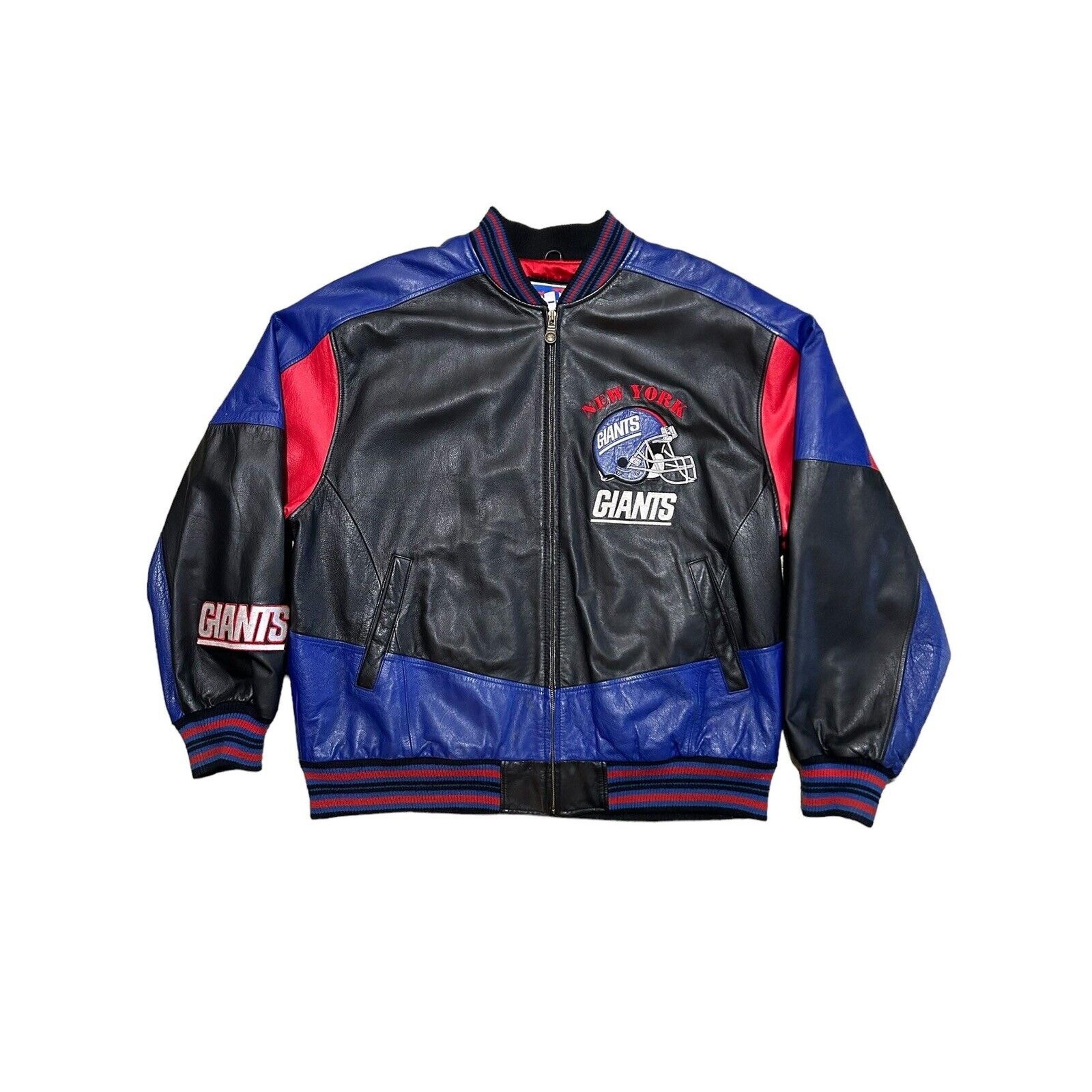 Vintage New York Giants Leather Jacket Mens XXL Black Blue Red Satin Lined