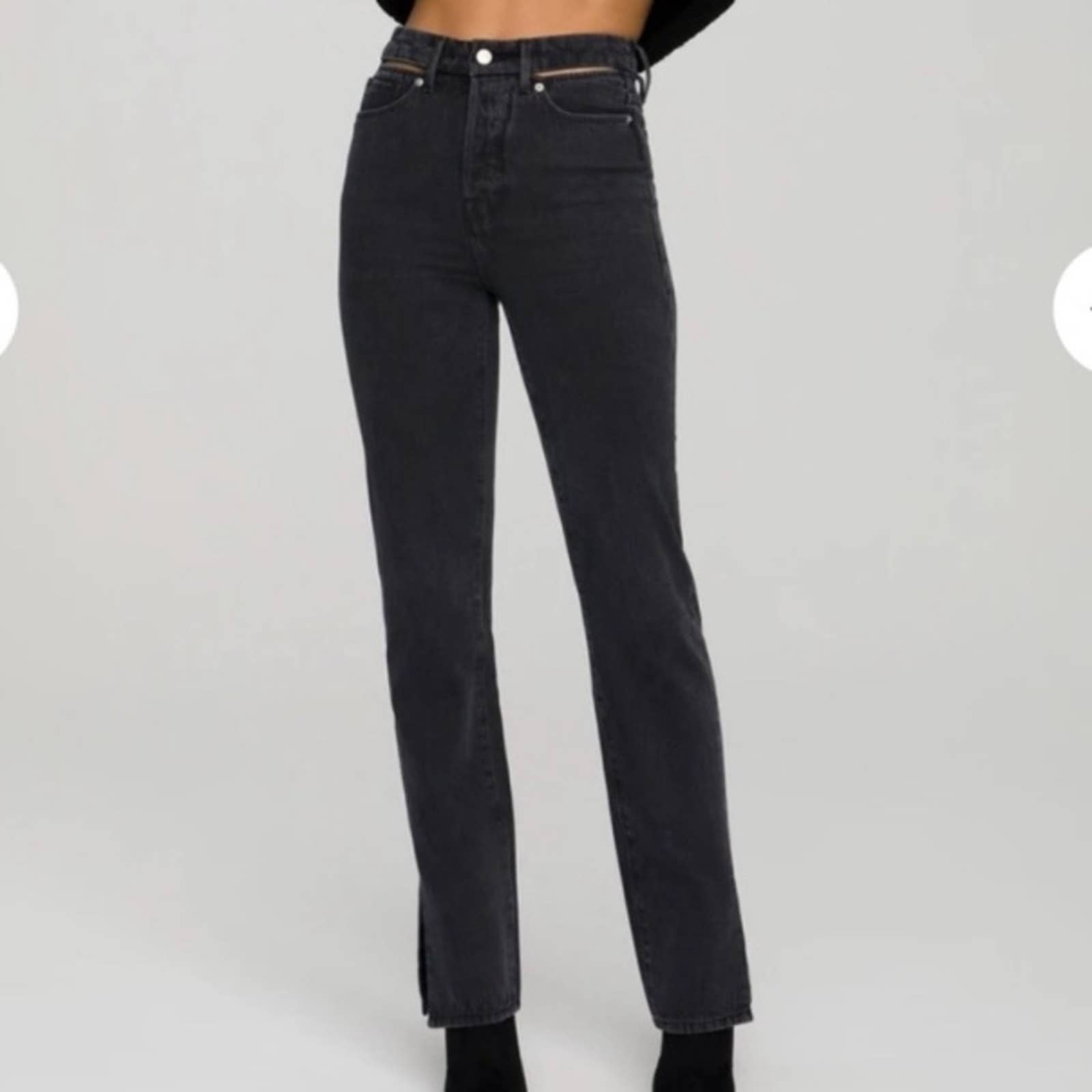 Good American Good Boy Slit Waistband High Rise Button Fly Slit Hem shops Black Jeans