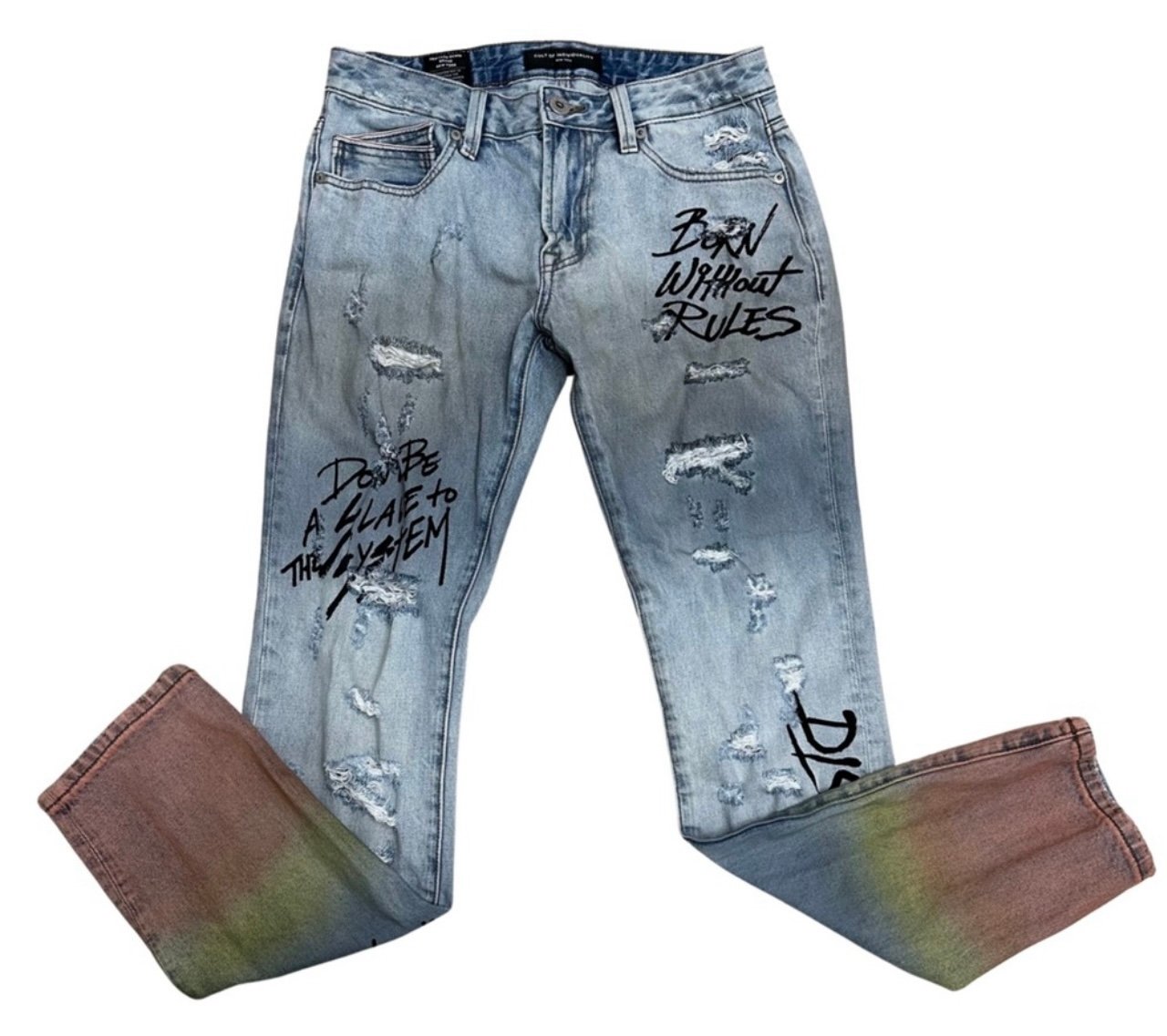Cult Of Individuality Rocker Slim Distressed Graffiti Blue Jeans Size 30 × 33
