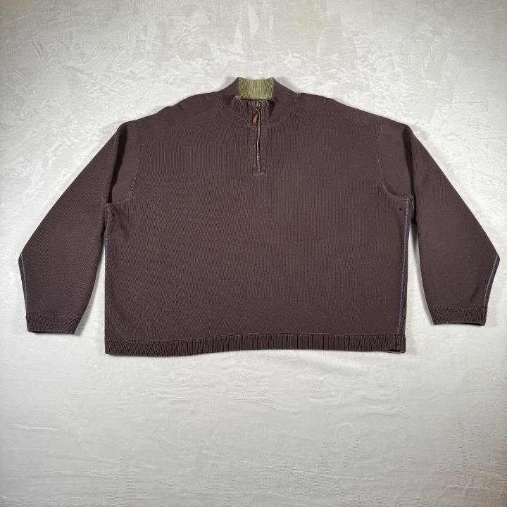 Tommy Bahama Reversible Sweater Men 3XL Brown Green 1/4 Zip Mock Neck Embroidery