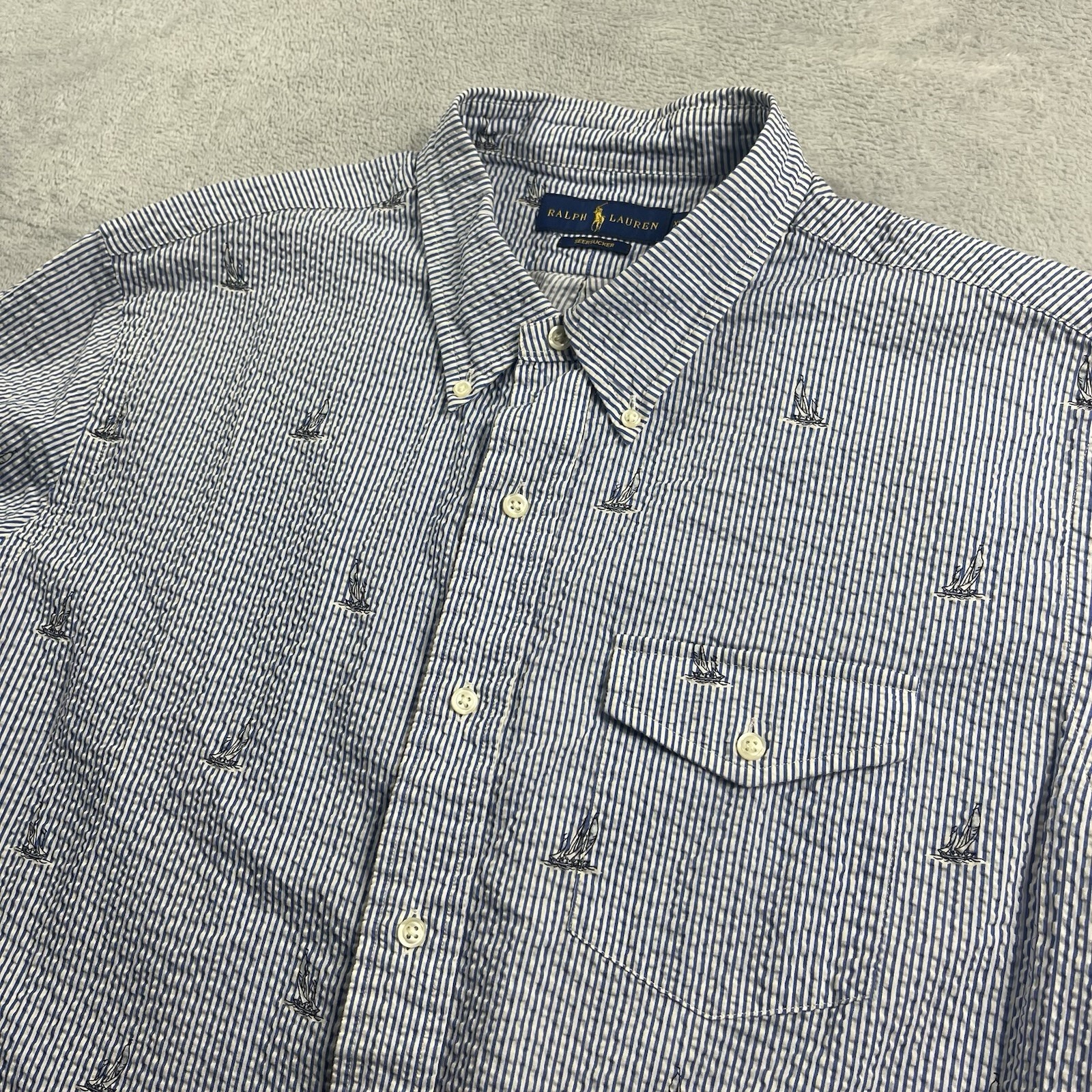 Ralph Lauren Shirt Men XL Seersucker Pony Logo Button Down Blue Striped Boat AOP