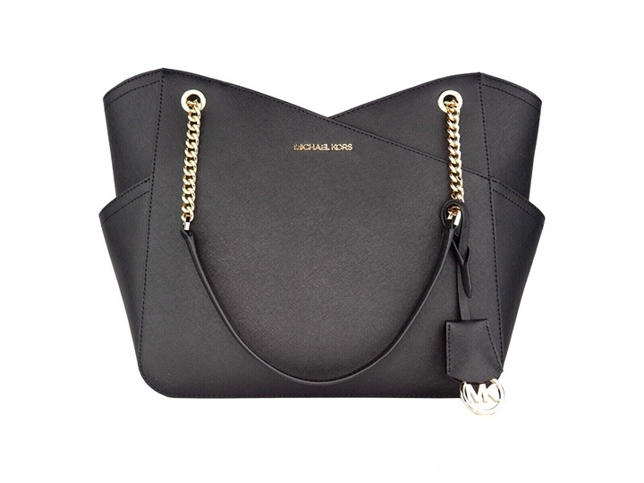 Michael Kors Jet Set Large Leather Black X Cross Chain Shoulder Tote Hand Bag