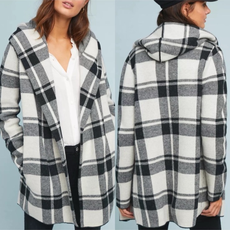 Anthropologie Field Flower Black/White Wool Checked Hooded Sweater Coat XS