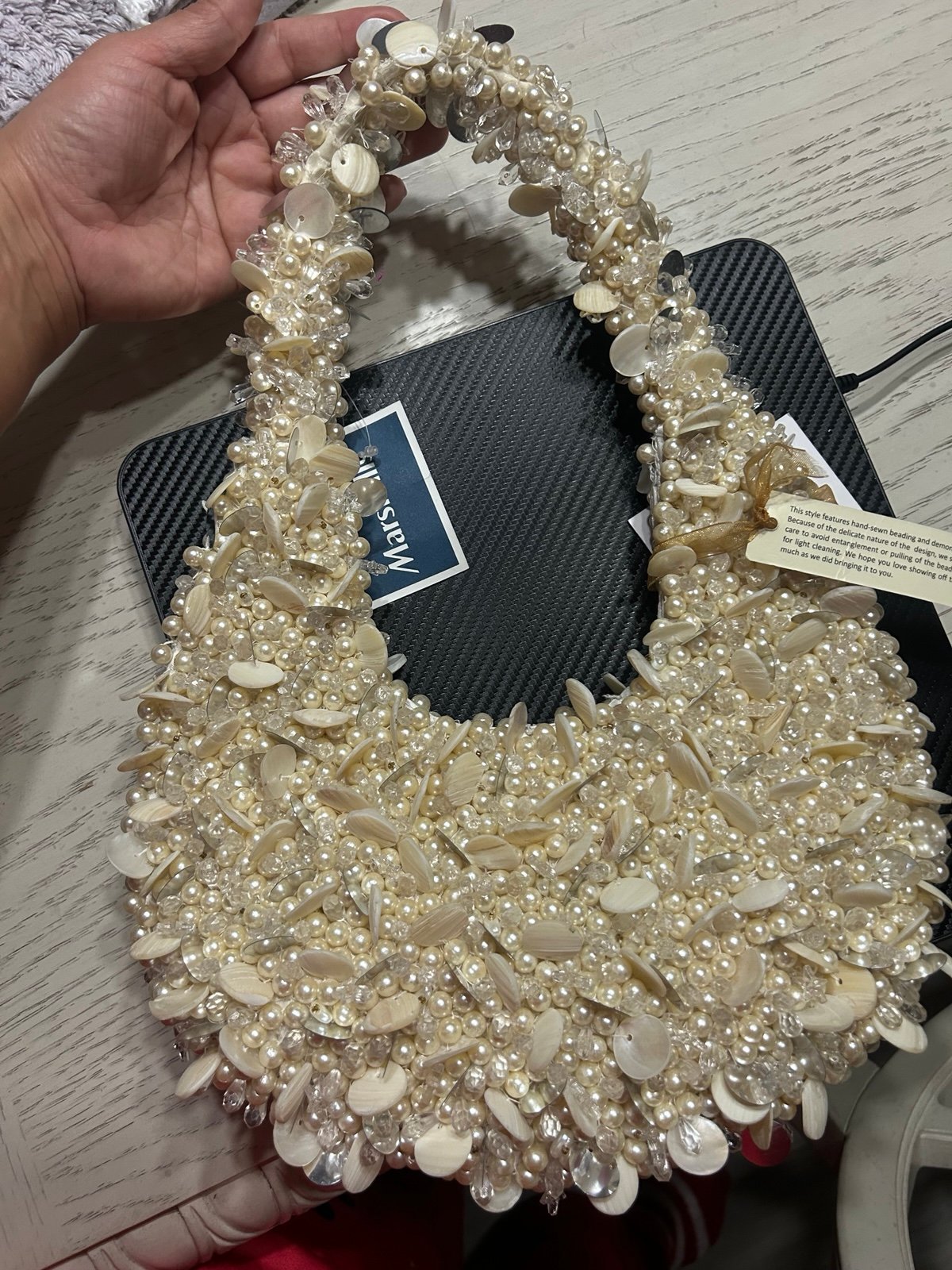 NWT Viral Beaded Cream White Crystal Pearl Embellished Satchel - Made in India