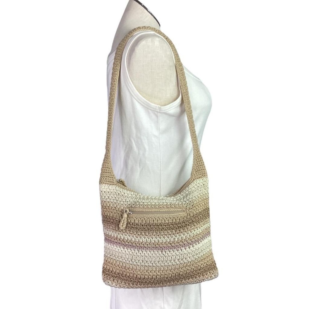 The Sak Shoulder Bag Medium Beige Stripe Original Crochet Zip Top One Strap