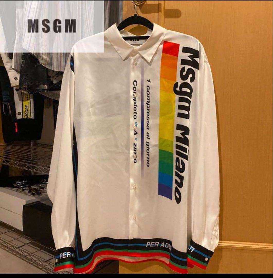 Brand new, unused MSGM / Multi-logo Satin Shirt, Milan Collection model.