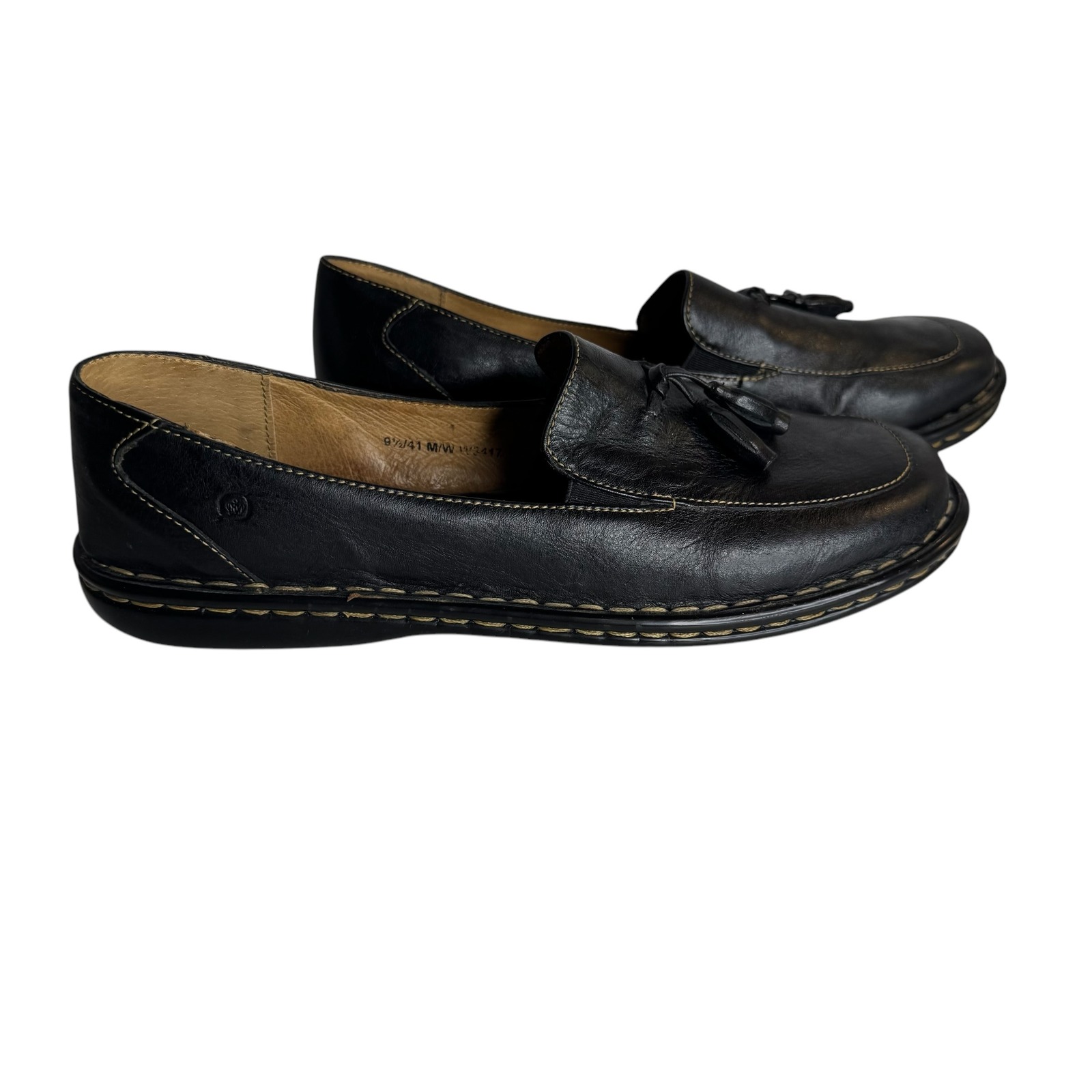 Born Black Leather Loafers Tassel Accents Comfort Casual Shoes Womman 9.5