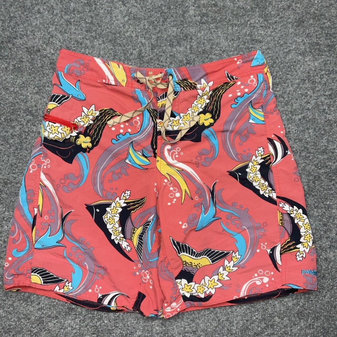 Patagonia Board Shorts Mens Size 30 Red Fish Zip Pocket Beach Vaca Cruise