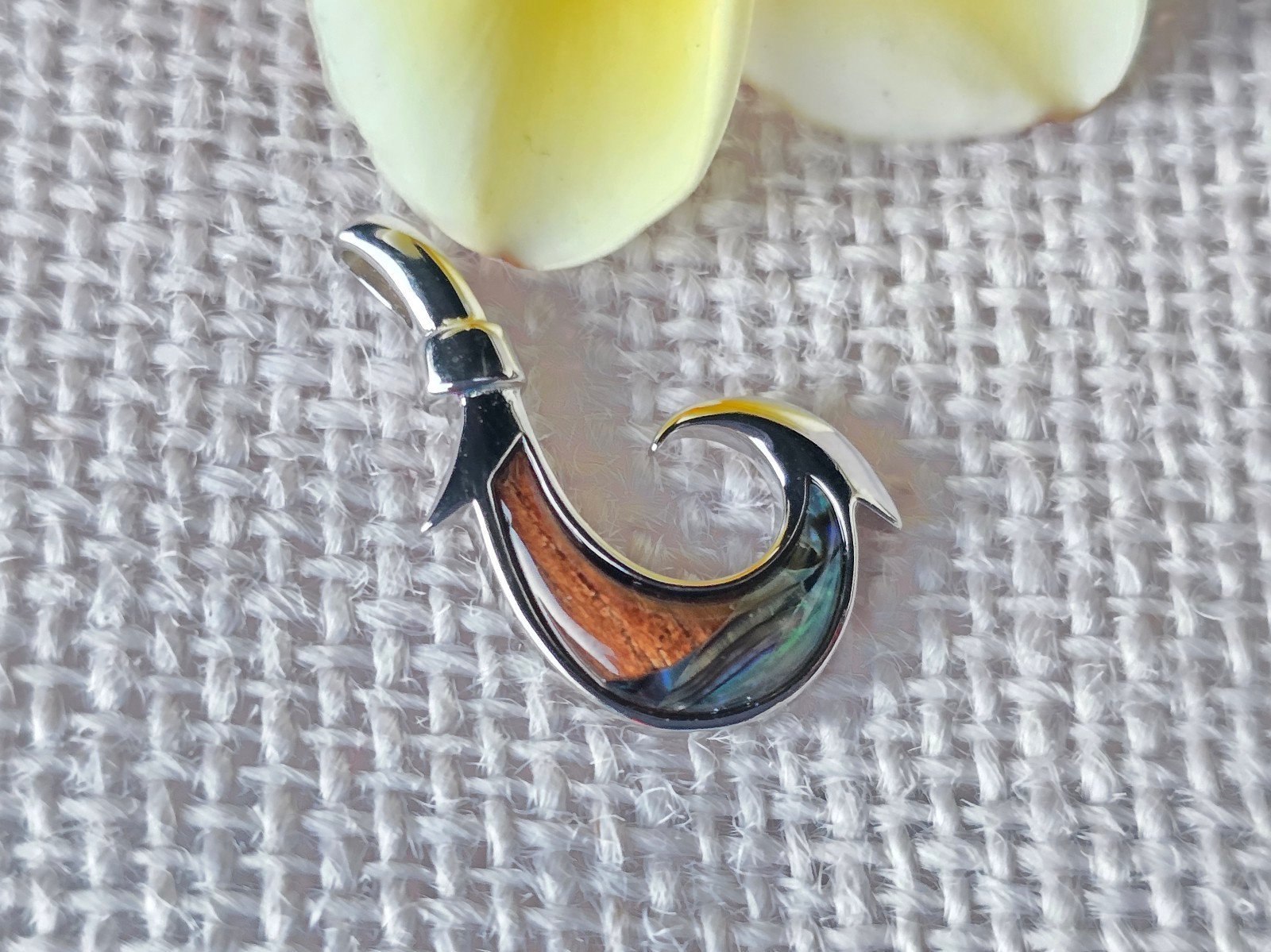 Hawaii Koa Wood 925 Sterling Silver Fishhook pendant 30mm fine Hawaiian jewelry