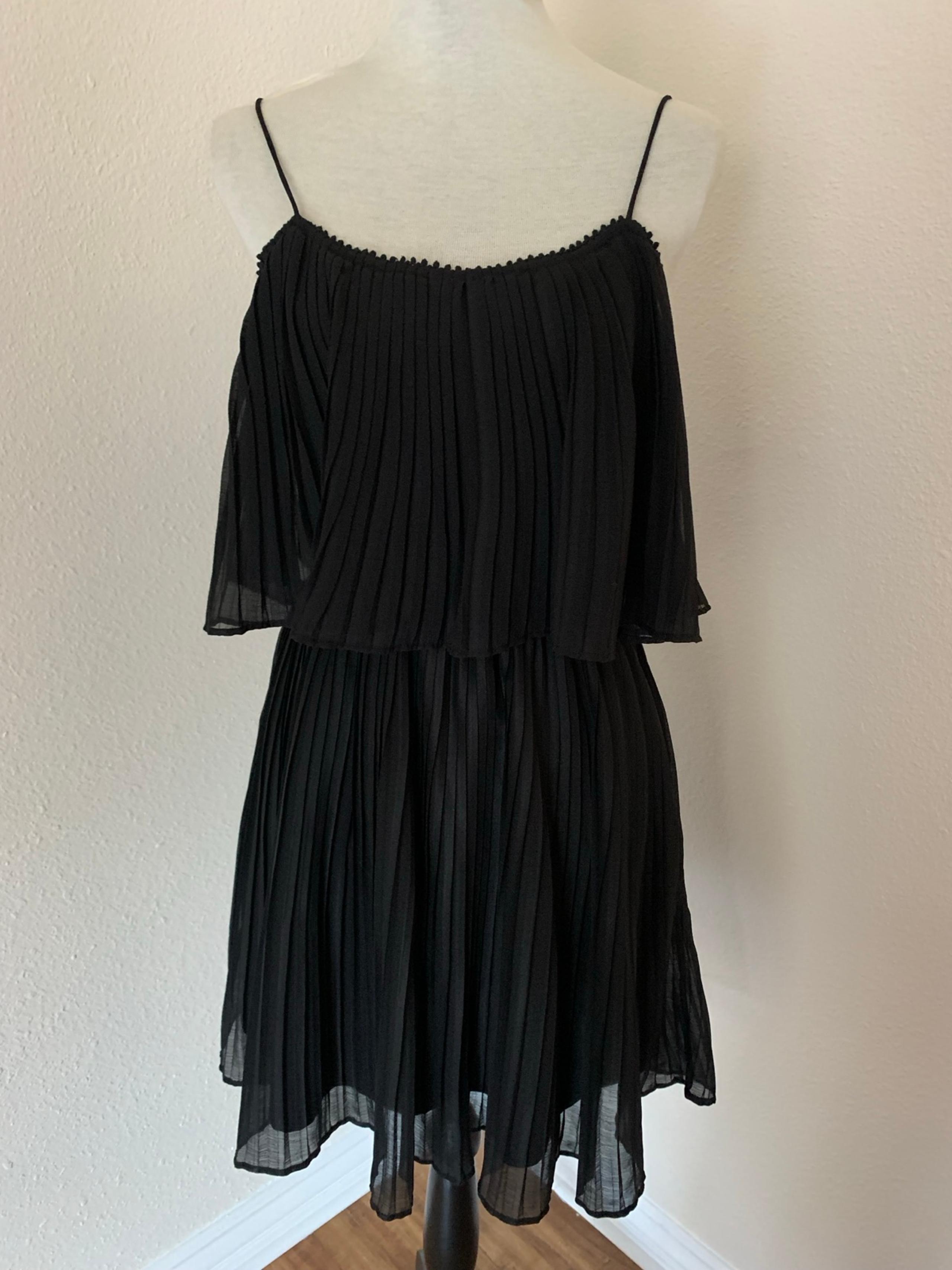 ZARA Womens Black Pleated Layered Spaghetti Strap Short Summer Party Dress Sz L