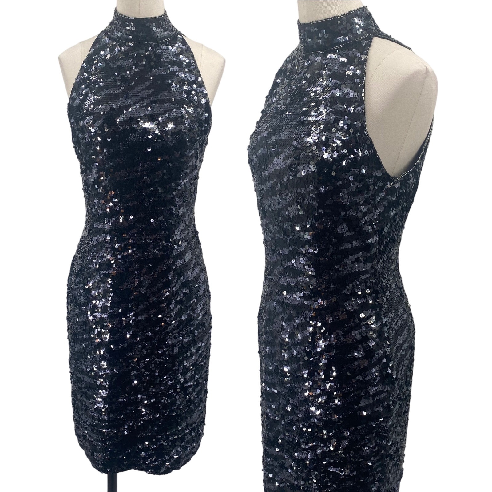 Vintage 90s Lillie Rubin Silk Sequined Mini Dress High Neck Sleeveless Womens 8