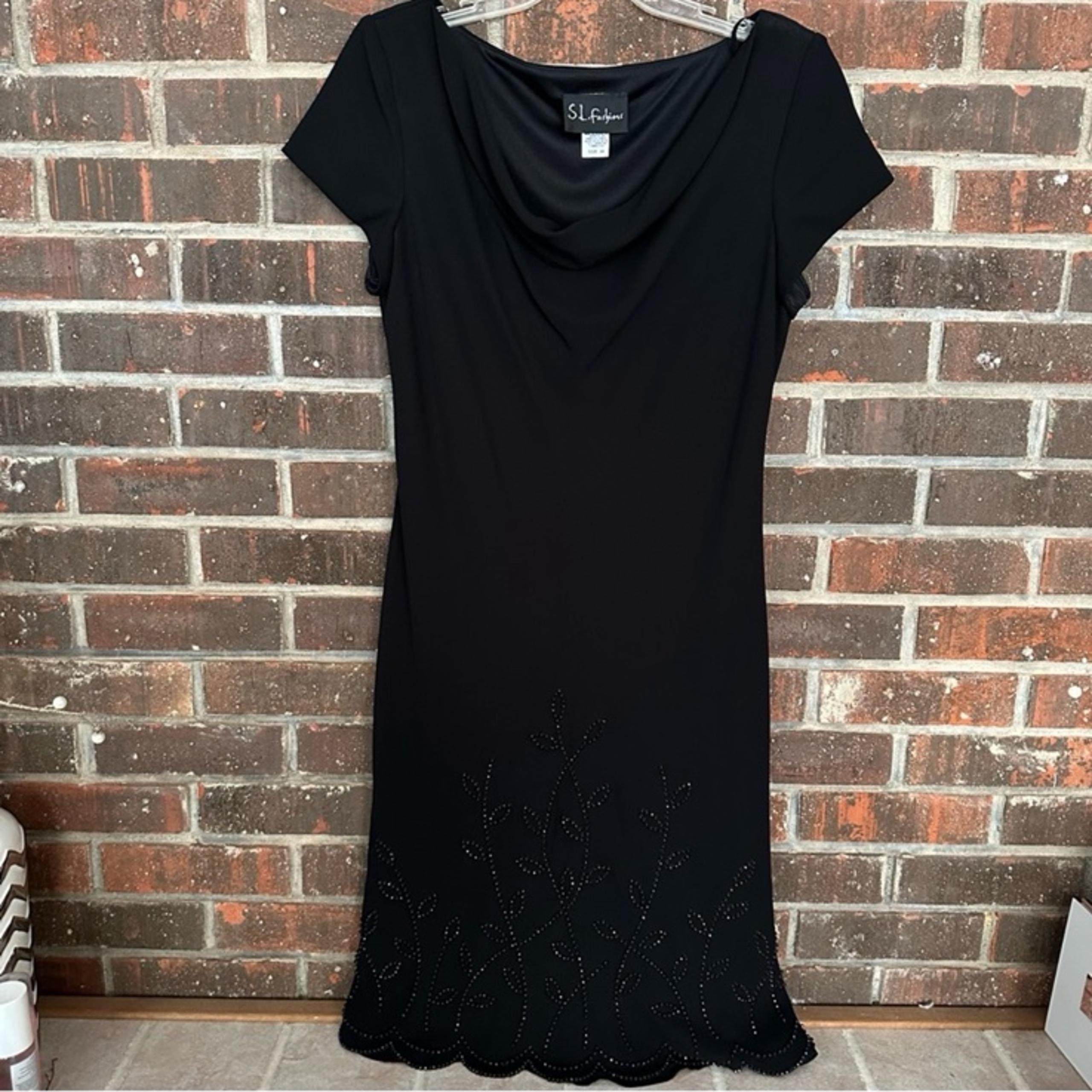 Black Short Sleeve Cowl Neck Midi Beaded S.L. Fashions Dress
