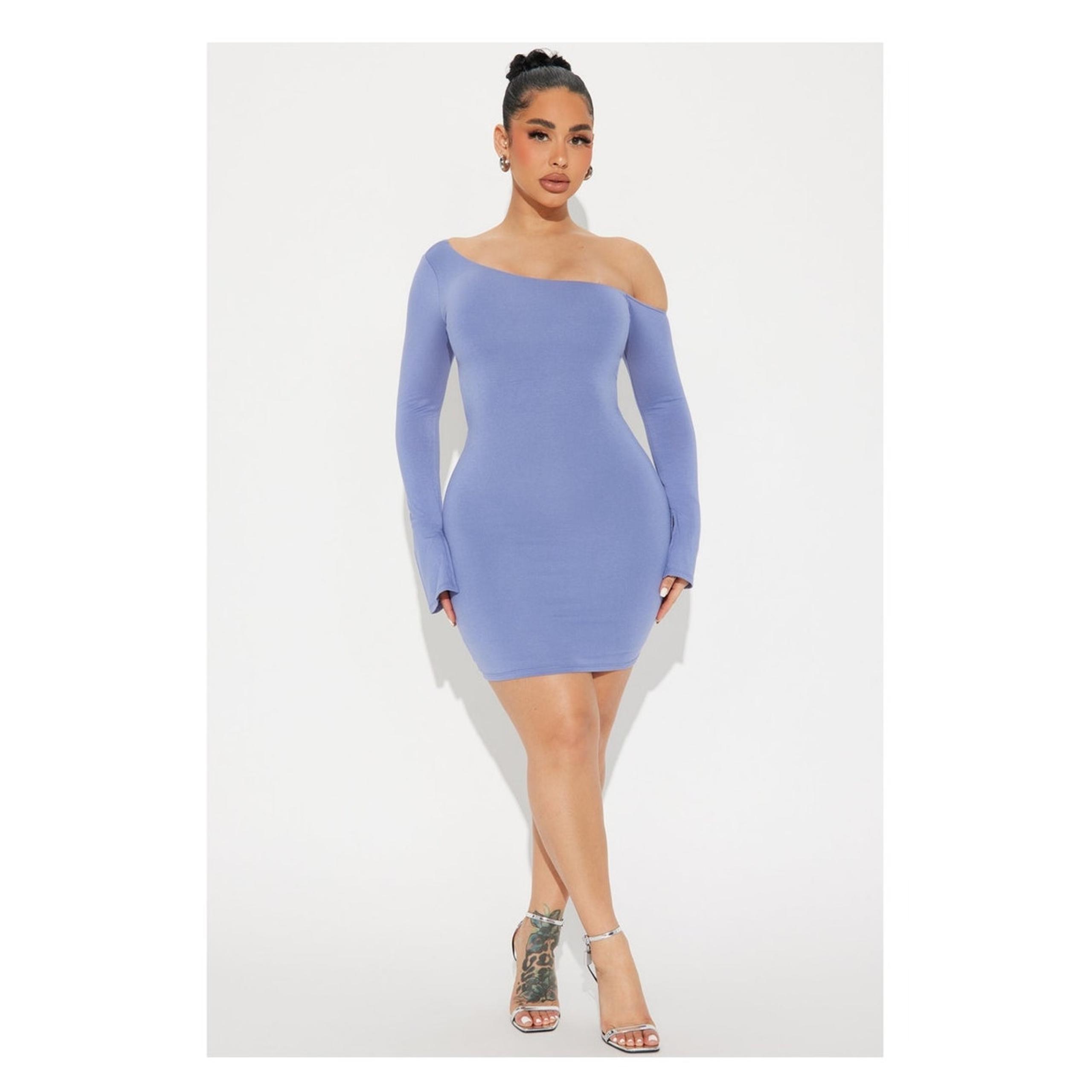 NEW NWT S Kiana Smooth Double Lined Long Sleeve Mini Dress Dusty Blue