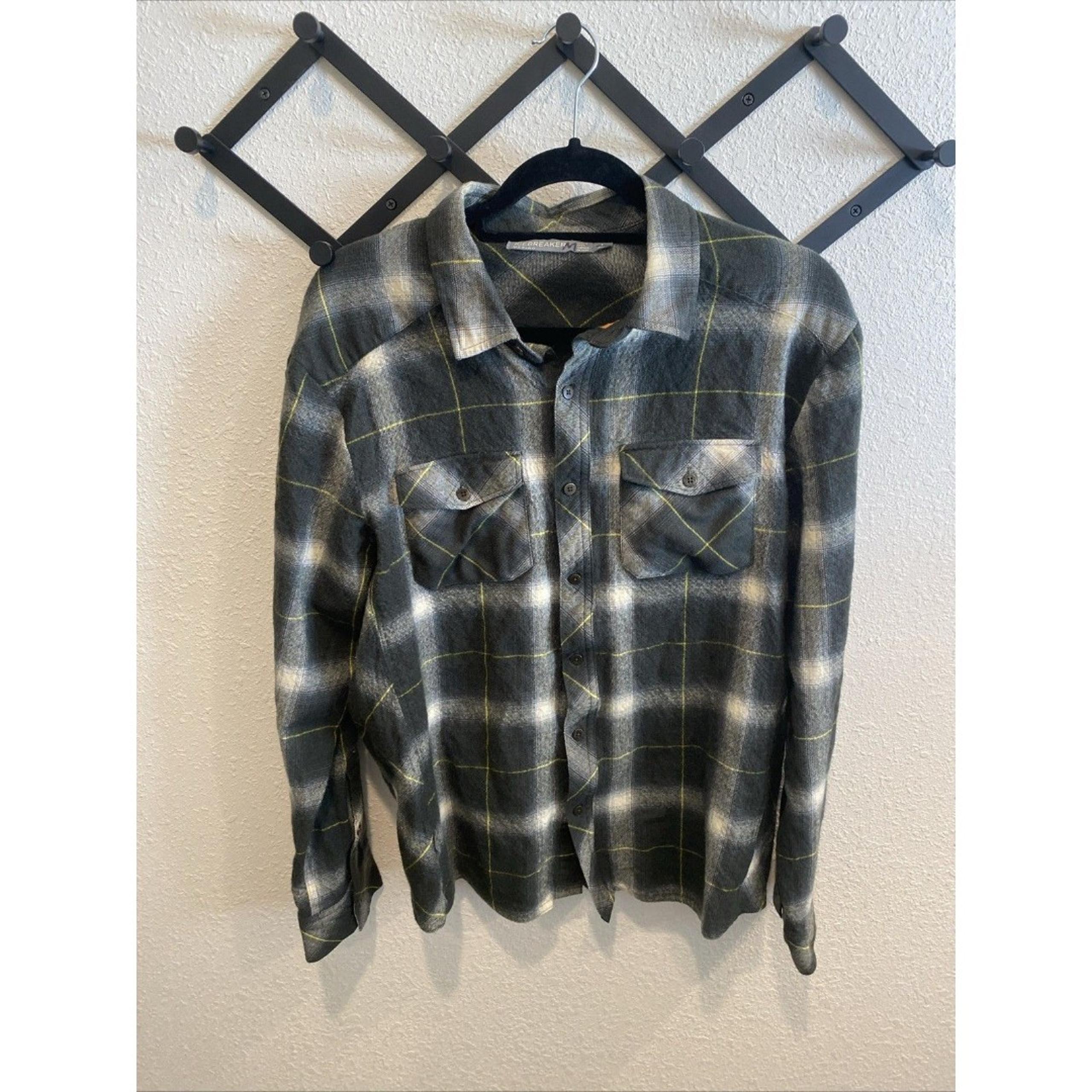 Icebreaker Men Green Plaid Flannel Shirt Button Front Merino Wool L (fits small)