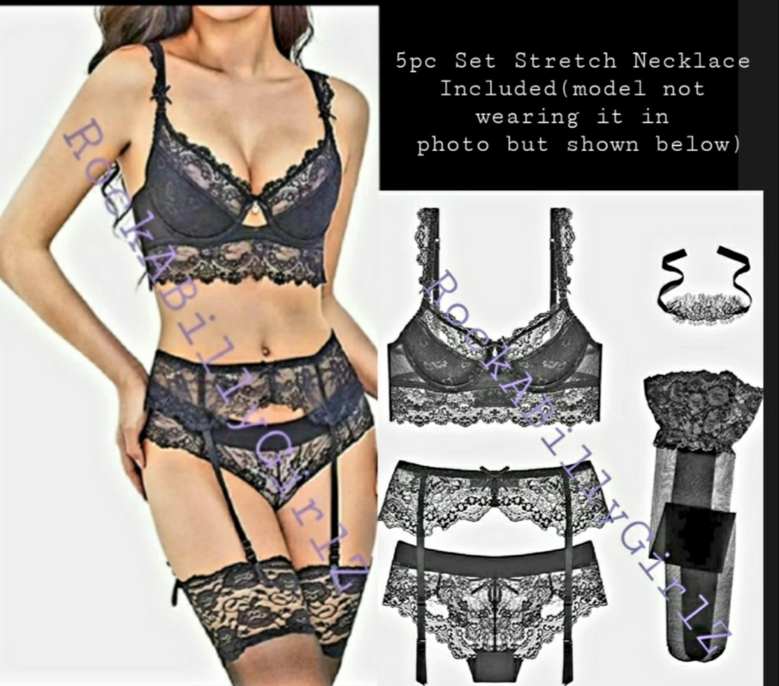 NWT Sexy Pinup 5pc Black Lingerie Set 40C Bra XL Panty Garter Nylons Necklace