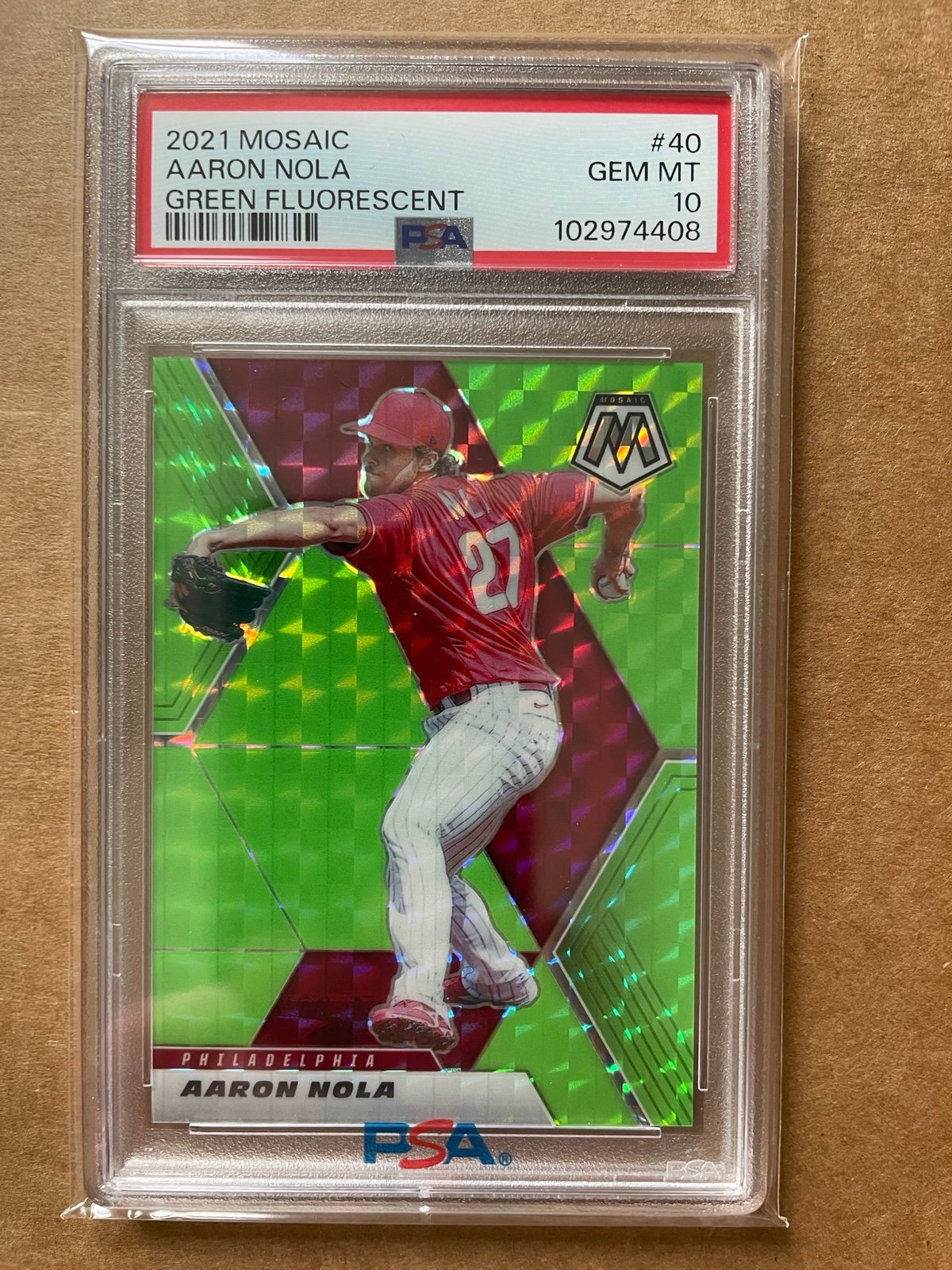 Aaron Nola 2021 Mosaic Green Flourescent 05/10 PSA 10
