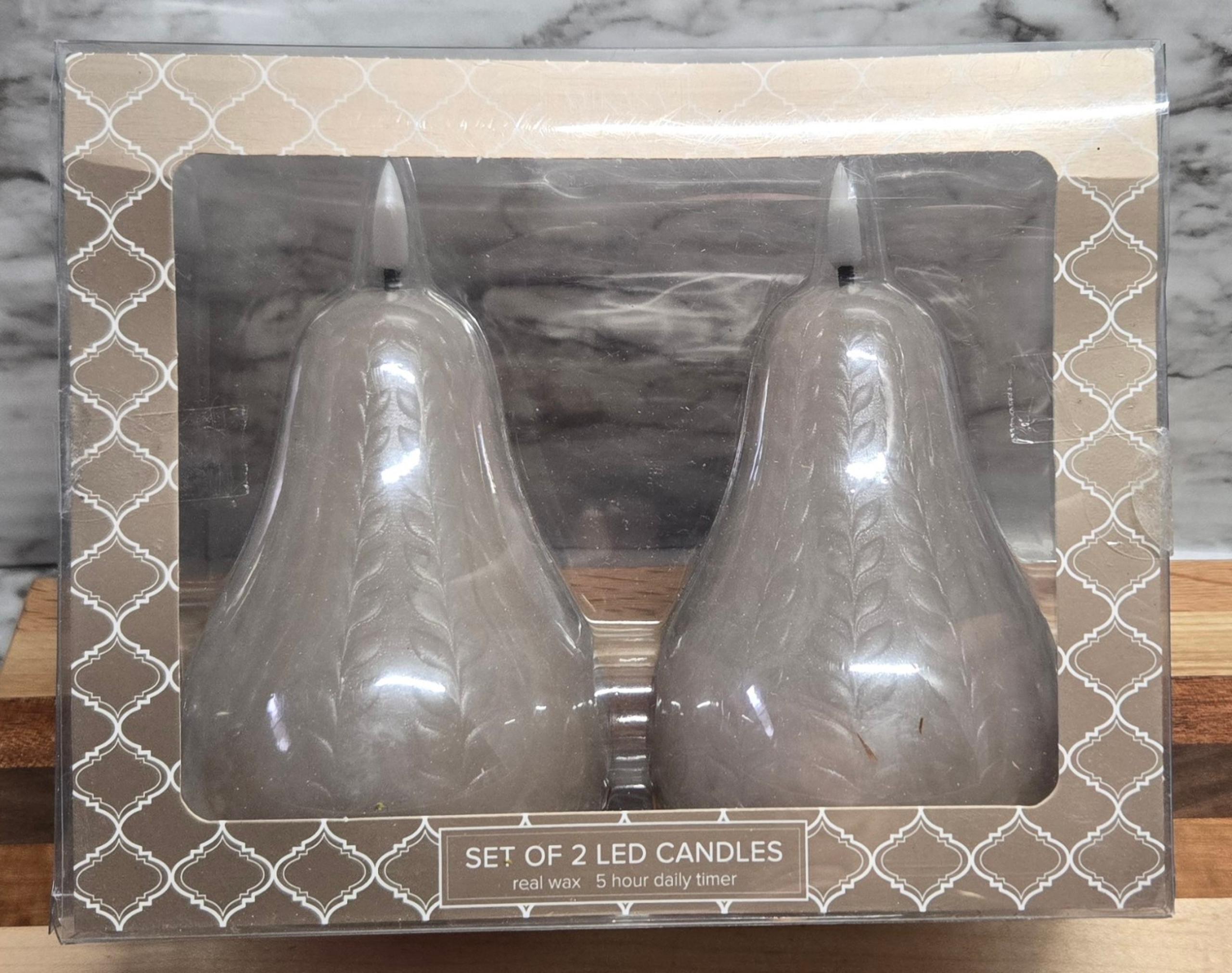 Mikasa Pear Shaped LED Candles Set of 2 Gray Real Wax Leaf Print  5 Hour Daily