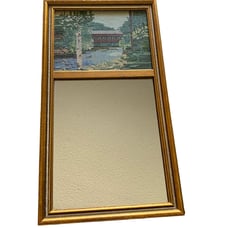 Cross stitch covered bridge With Mirror VTG Wood Framed w Mirror granny chic
