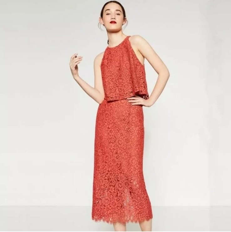 Zara top midi skirt lace guipure orange elegant set Small