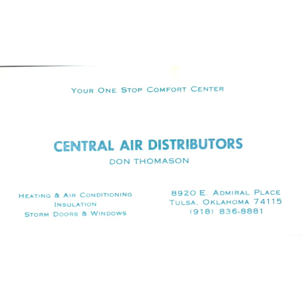 Central Air Distributors Don Thomason Tulsa OK Vintage Business Card SD4-B1