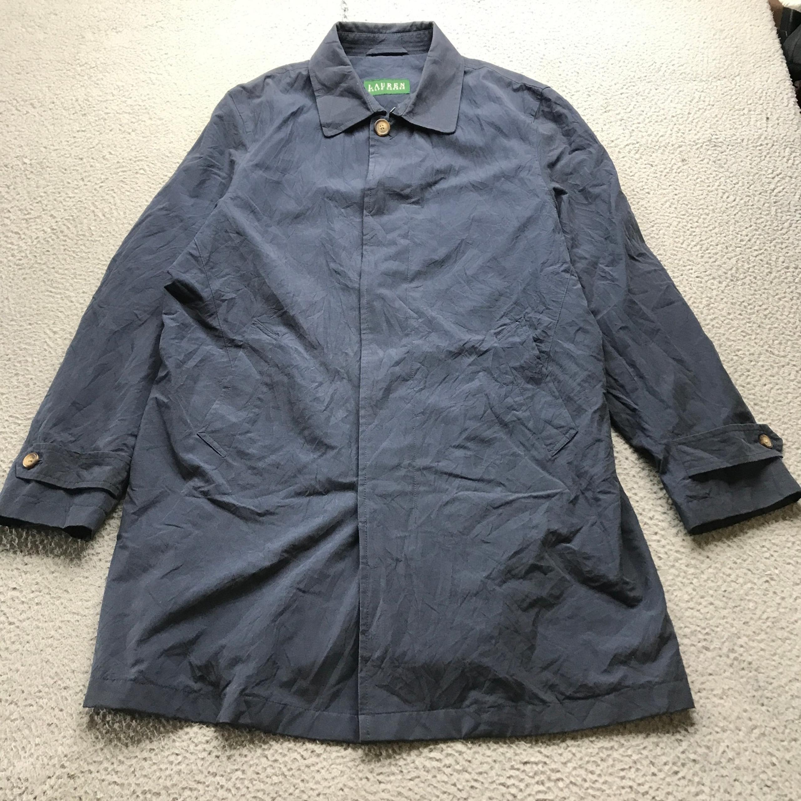 Lauren Ralph Lauren Pinstripe Lined Trench Coat Jacket Mens 42 Long Sleeve Navy