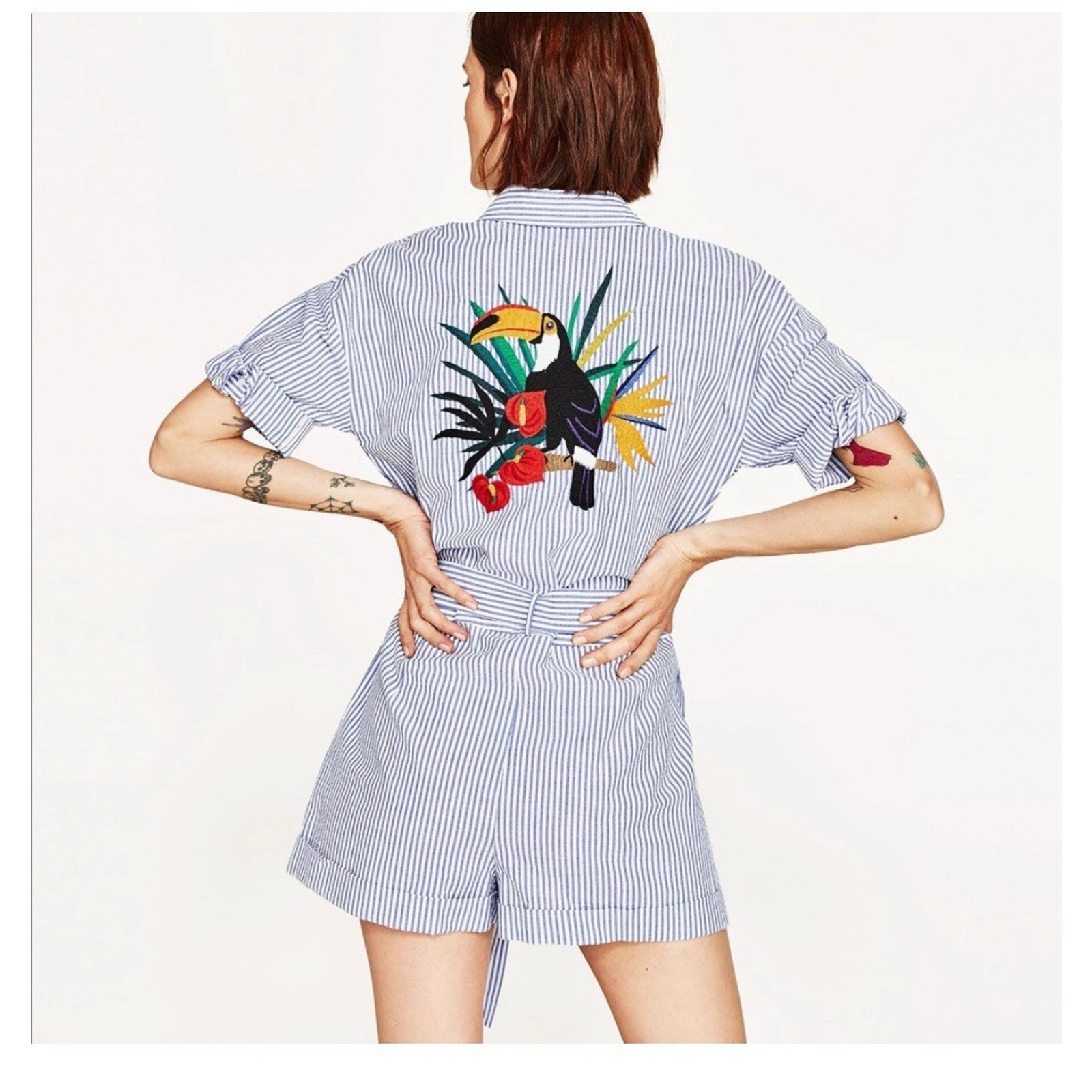 Zara Toucan Embroidered Blue Striped Seer Sucker Short Romper Sz M Preppy Vacay