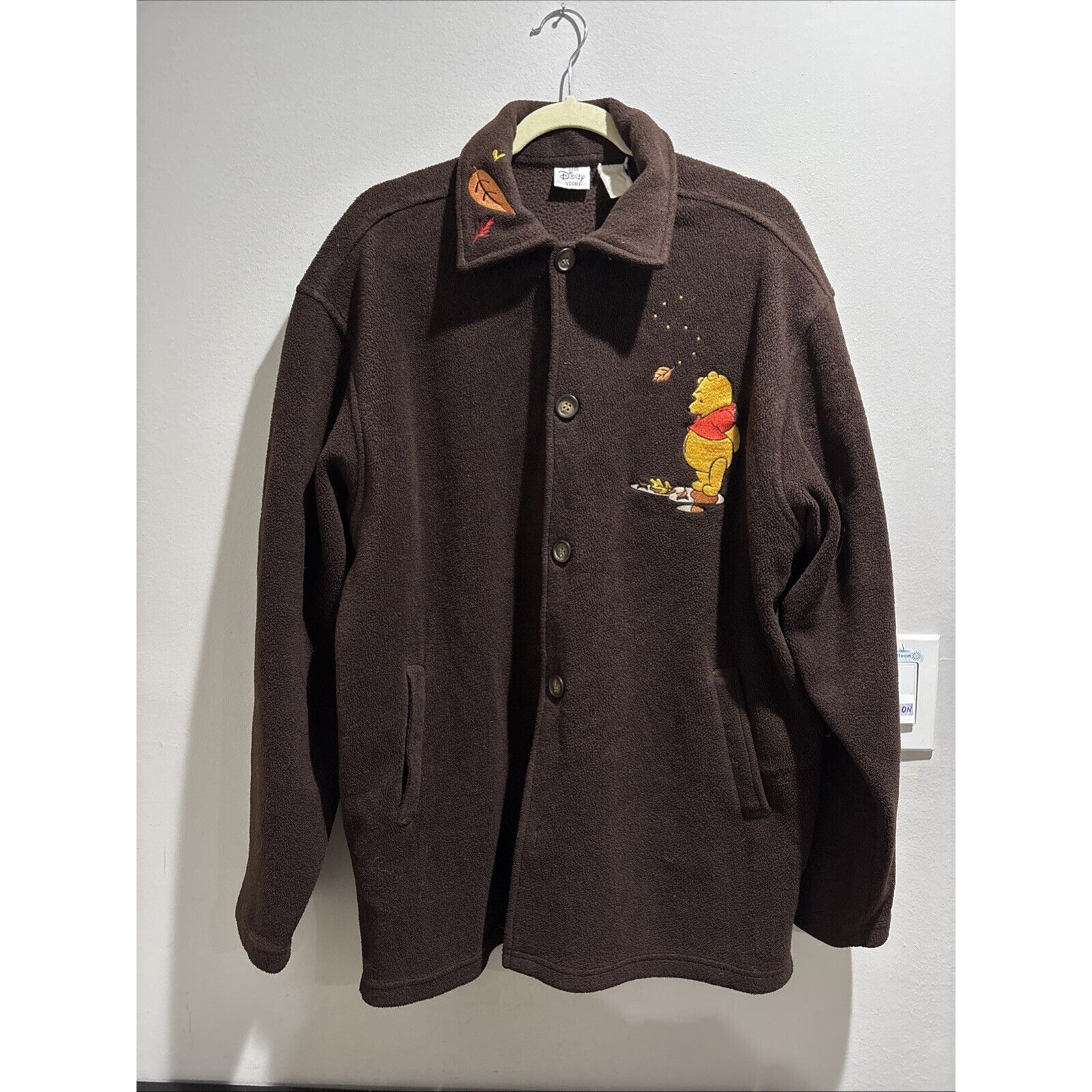 Vtg Disney Store Winnie The Pooh Embroidered Button Up Fleece Jacket Brown *READ