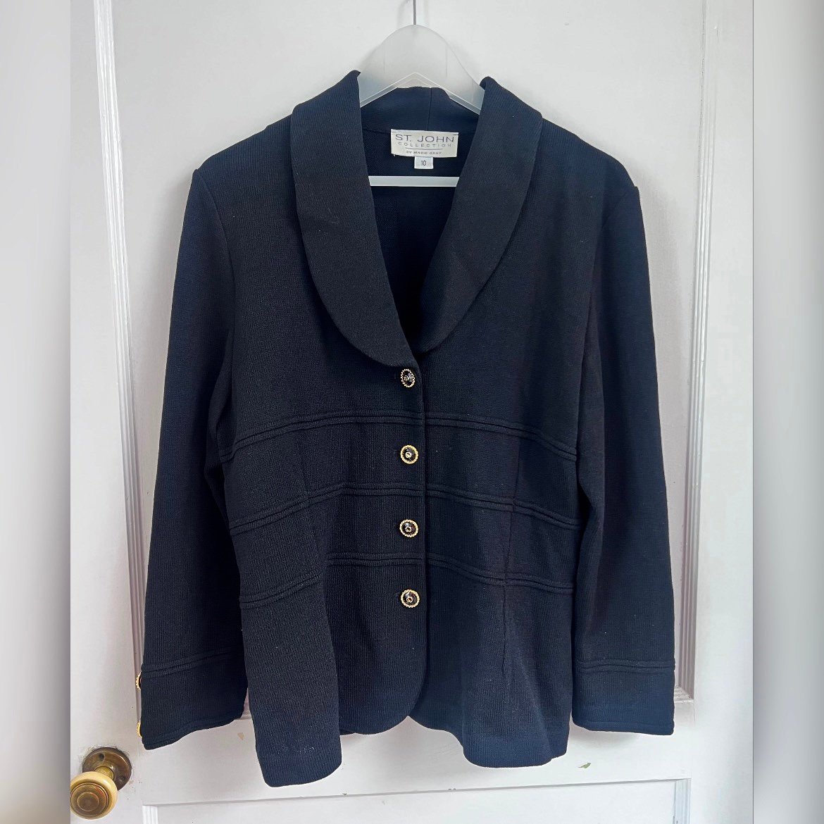 St. John Collection Black Santana Knit Collared Blazer with Gold Details Size 10