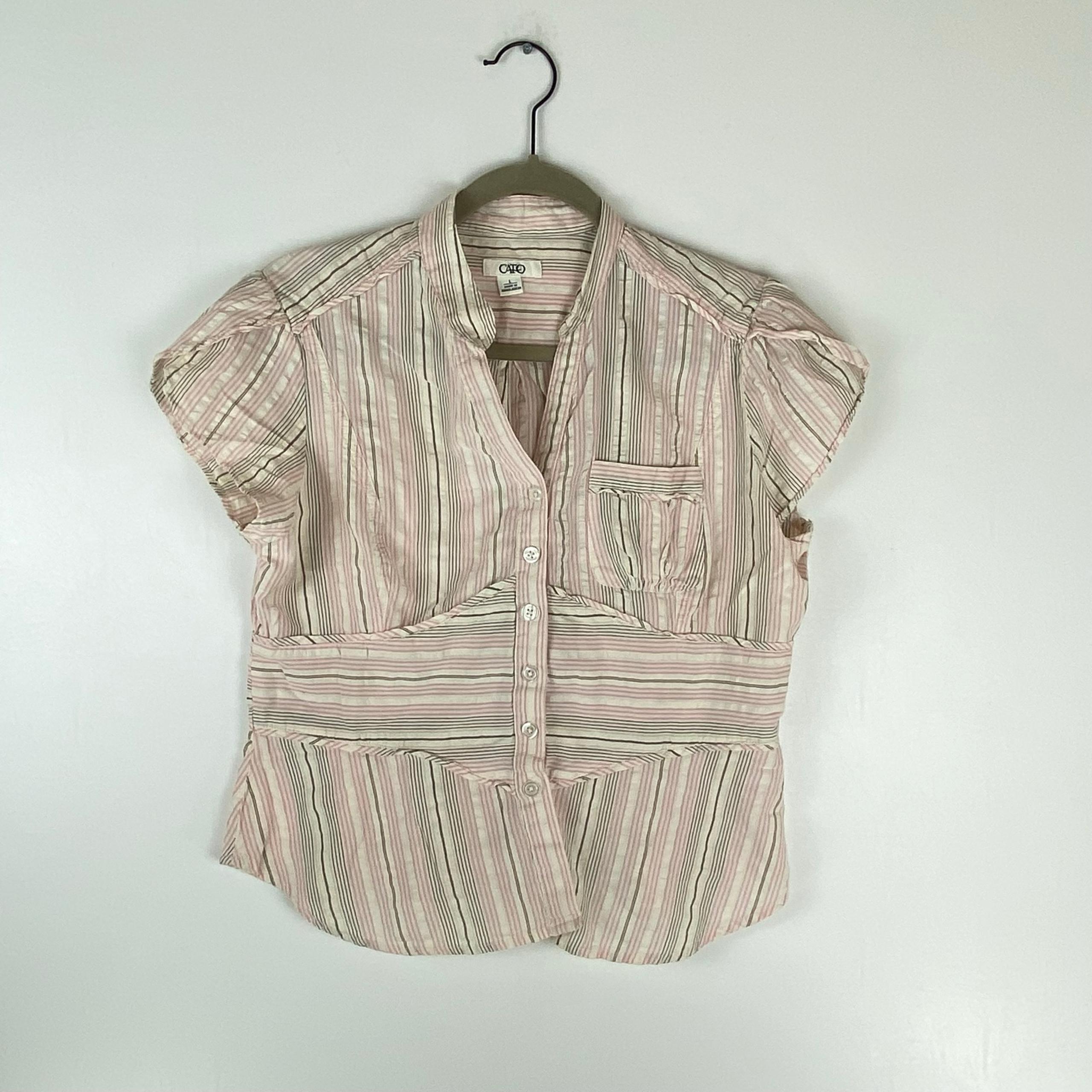 Cato Womens Large Button Blouse Cap Short Sleeve Stripe Shirt Top Pink