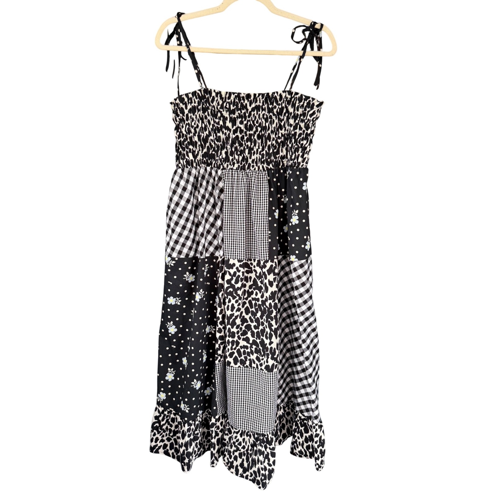 Sandy Liang Target Animal Patchwork Midi Dress Smocked Tie Strap Black White L