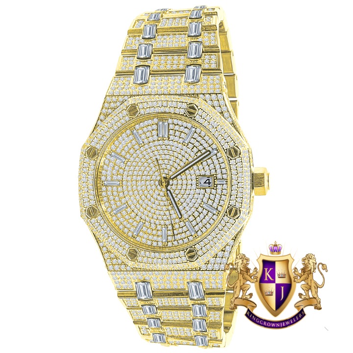 Fully Iced Out Solid Steel 18K Gold Finish Men's Luxury Custom Watch 42mm W/Date