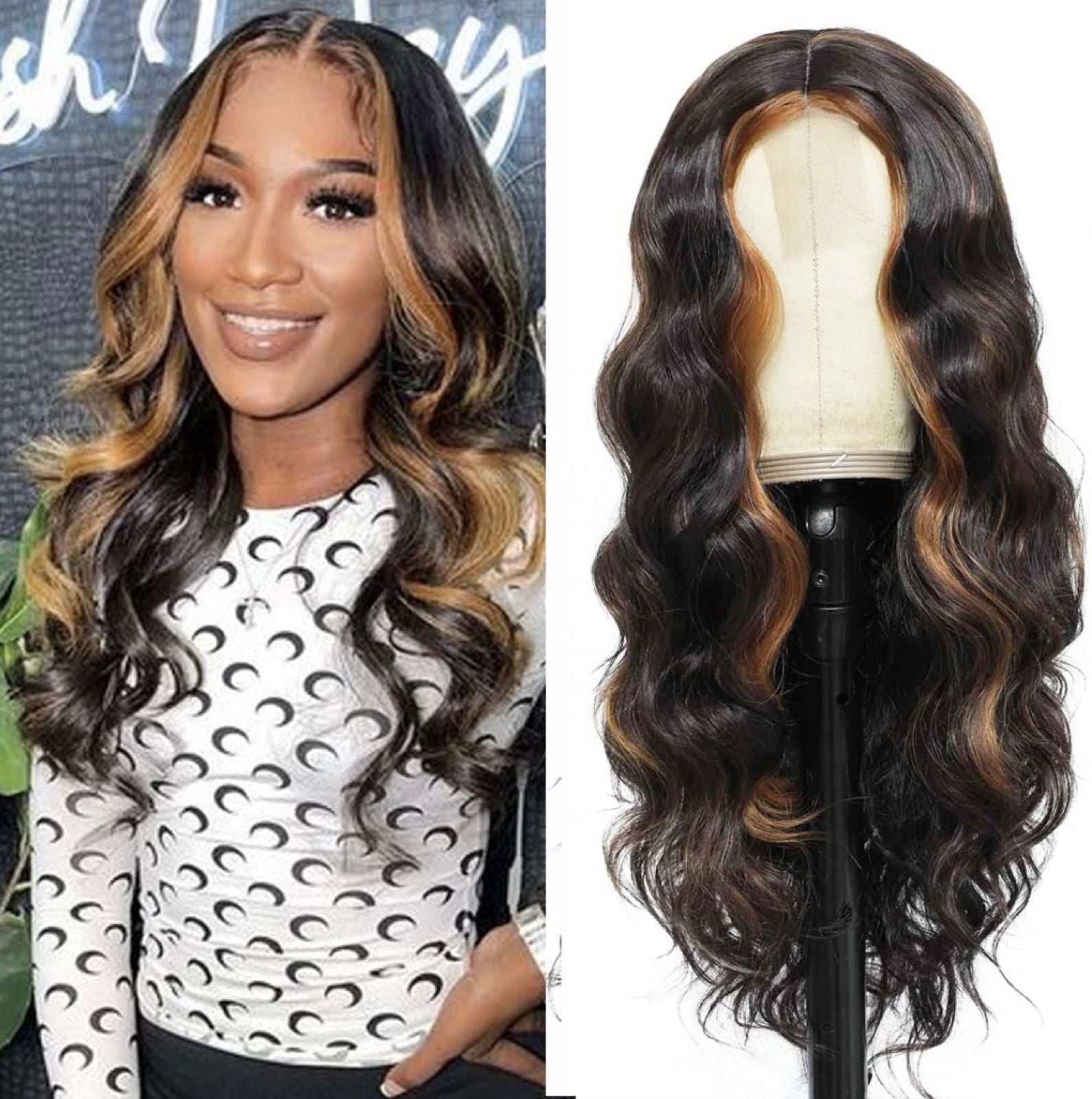 Human hair blend lace front black highlight blonde wave wig