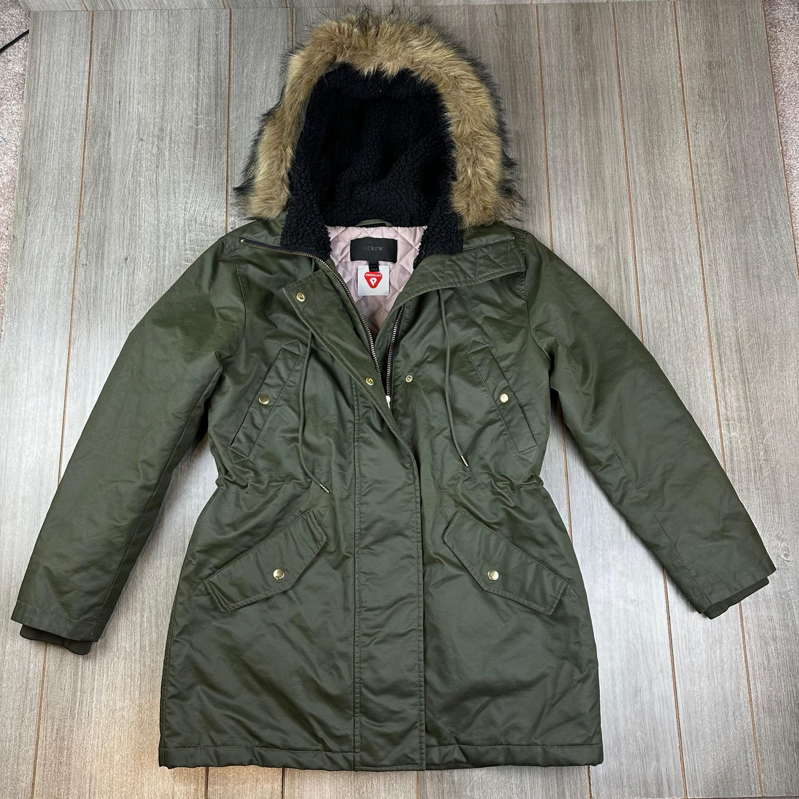 J. Crew Perfect Winter Parka Waxed Canvas Jacket Faux Fur Hood Green Womens M