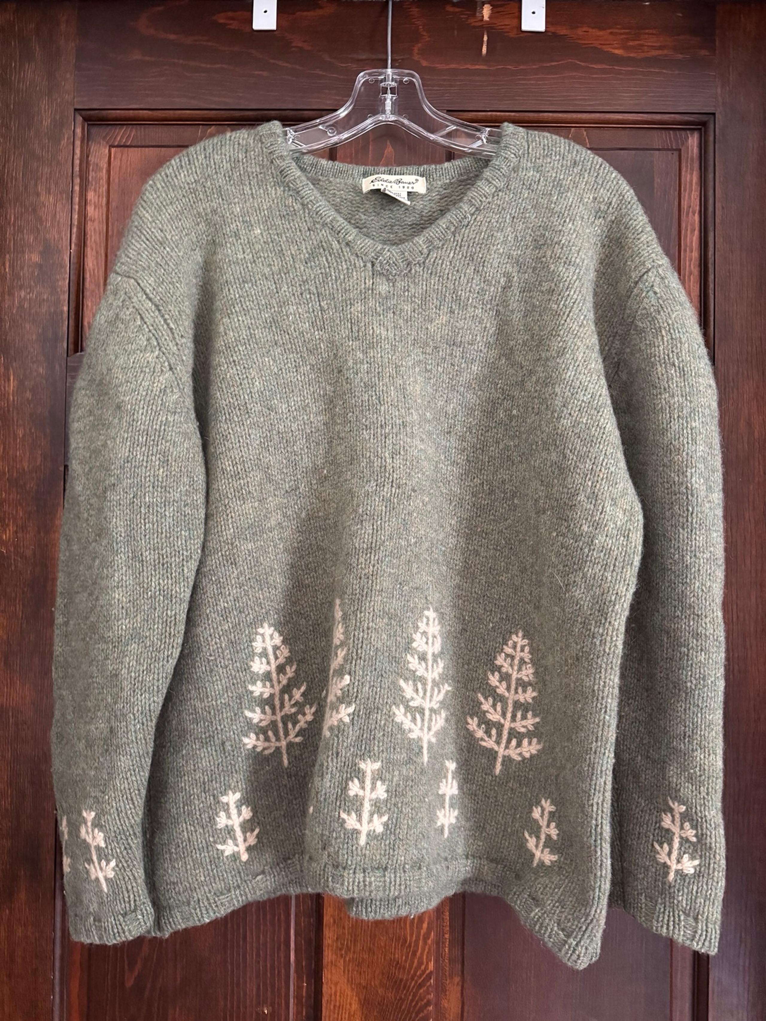 VTG Eddie Bauer Sweater Womens XL Green Wool Trees Ribbed Knit Pullover V Neck