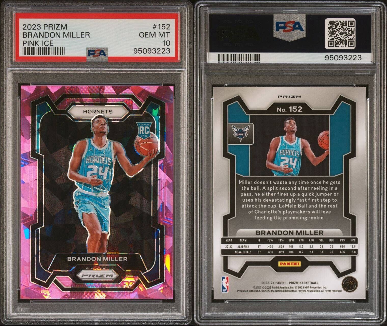 2023 Brandon Miller Panini Prizm Pink Ice Rookie RC PSA 10 Gem Mint #152