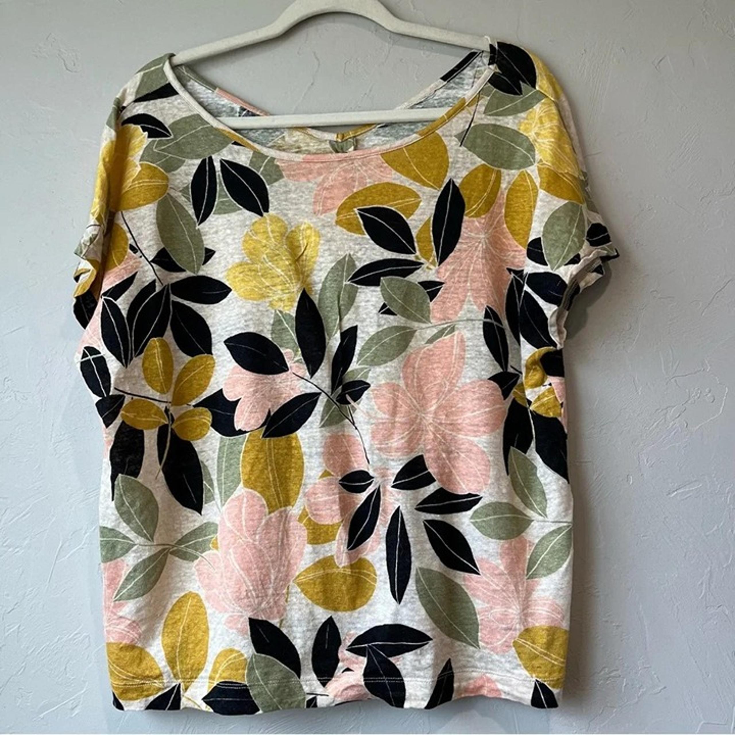 Rachel Zoe Womens M Multi Floral 100% Linen Button V Back Costal Top loose boho