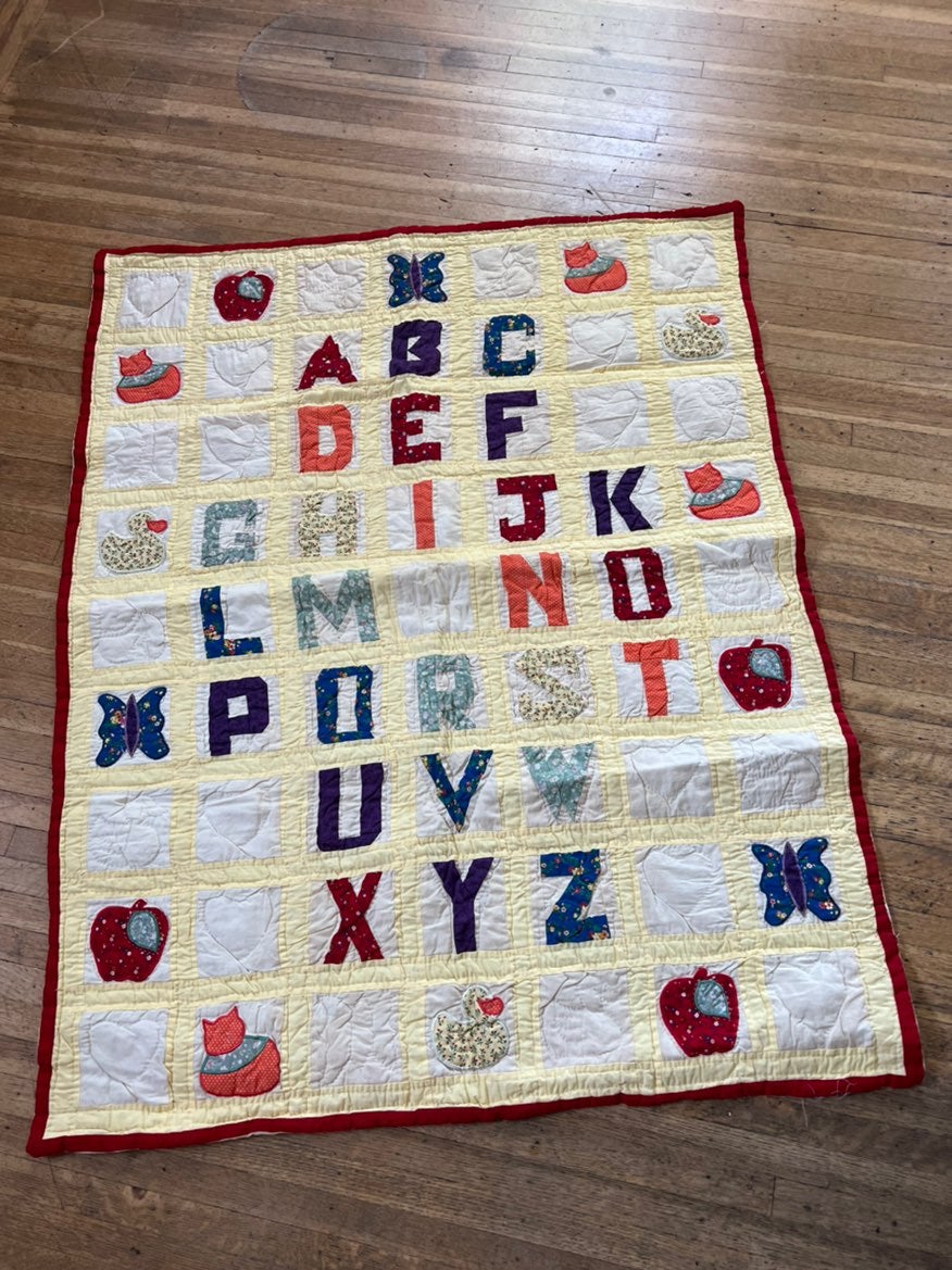 Vtg handmade baby toddler alphabet quilt blanket
