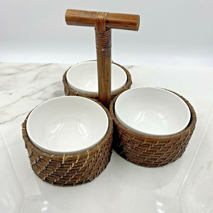 222 5th PTS International Dip Bowls Serving Set Wicker Woven Porcelain Handle