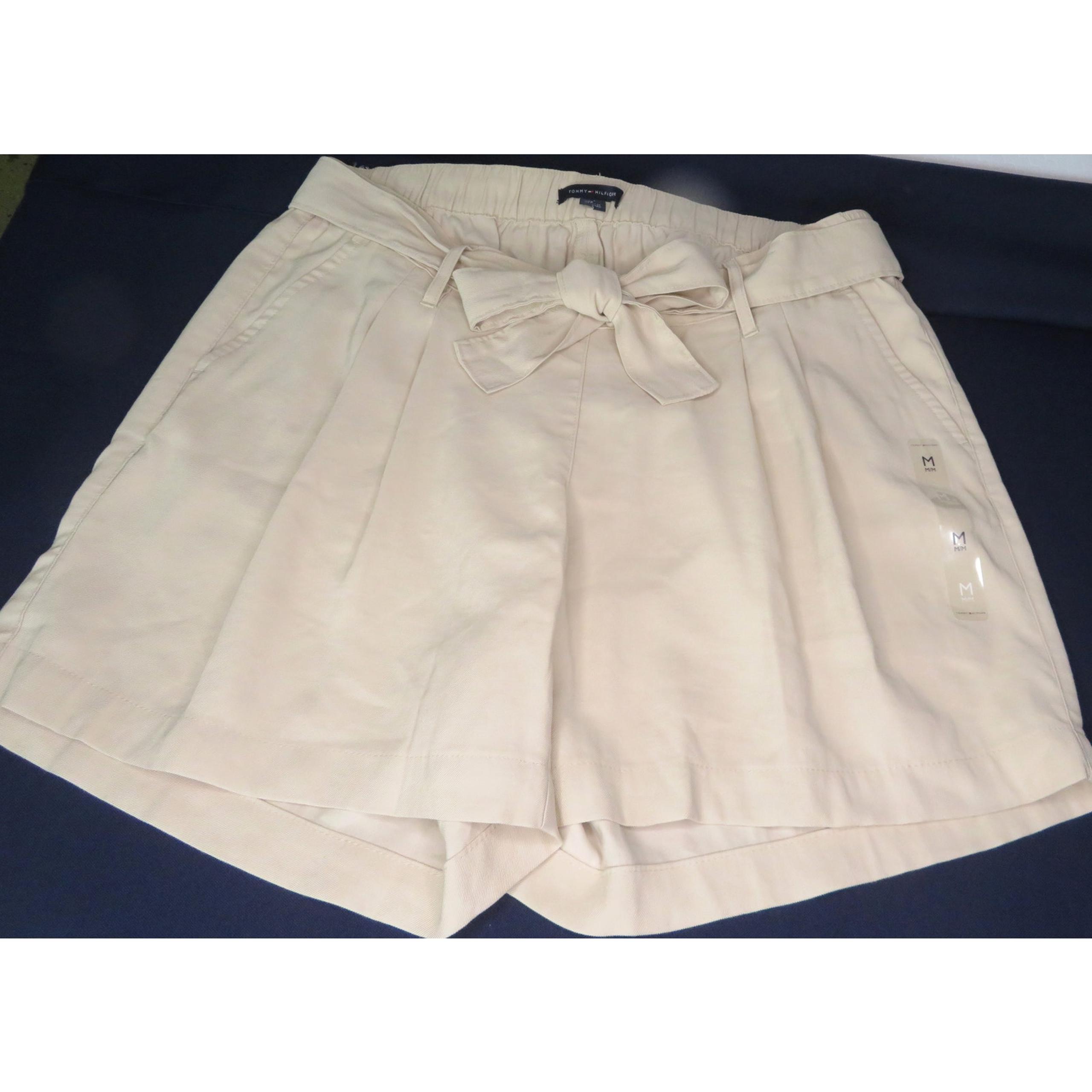 New TOMMY HILFIGER Ecru Linen Blend Pull On Paper Bag Shorts Women's Sz M