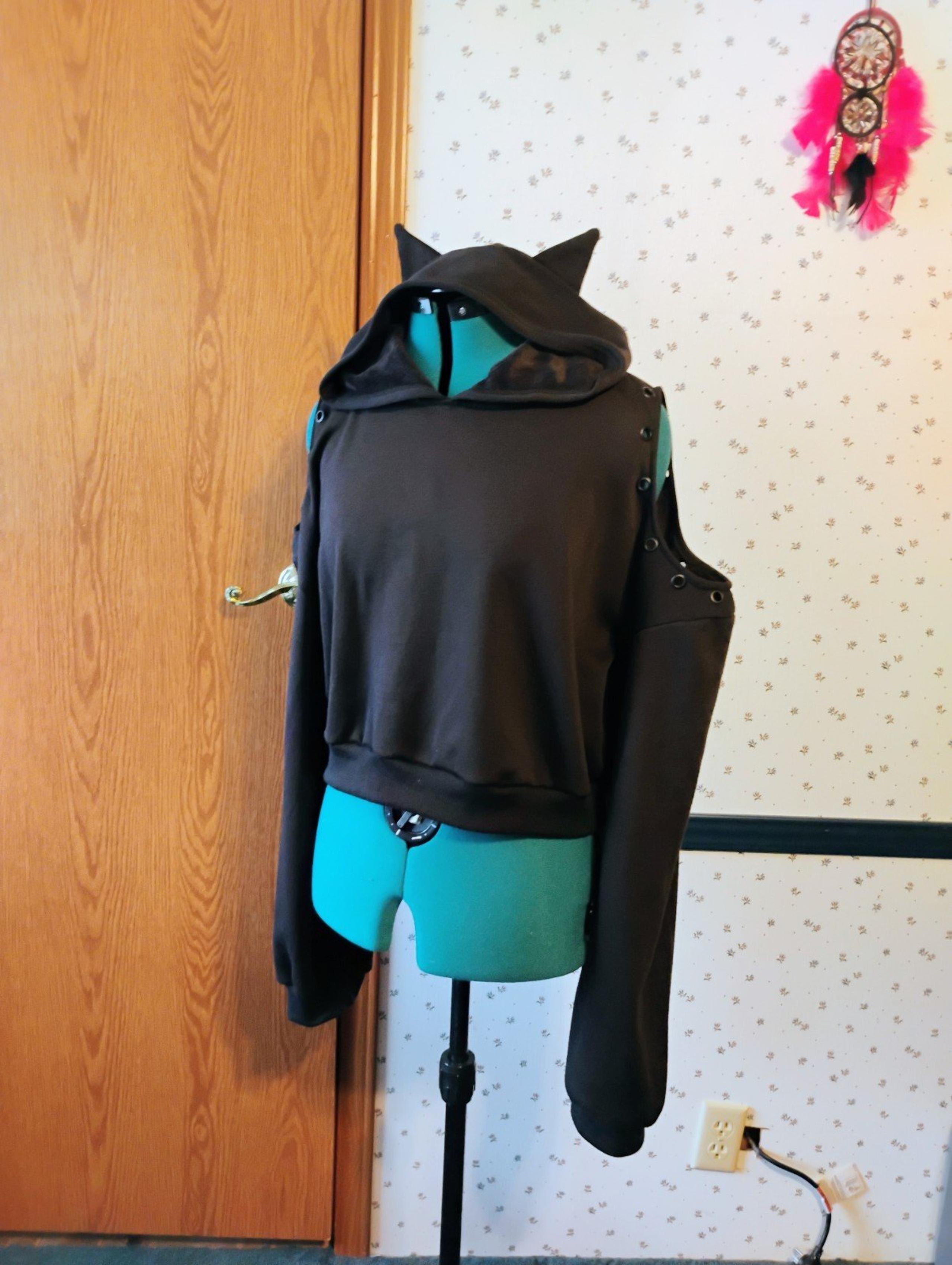 Cat Cropped Cold Shoulder Hoodie