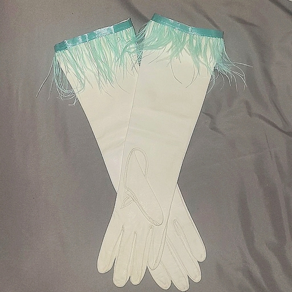 Upcycled Vintage Ivory Leather Opera Gloves – Mint Green Ostrich Feather Trim