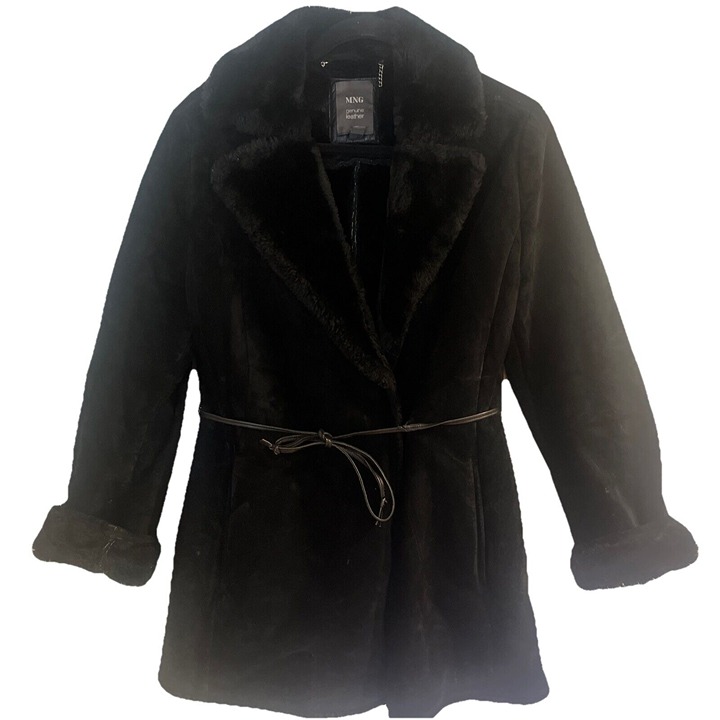 MNG Black Leather Coat With Faux Fur Collar And Cuffs Tie Closure Women’s Sz S