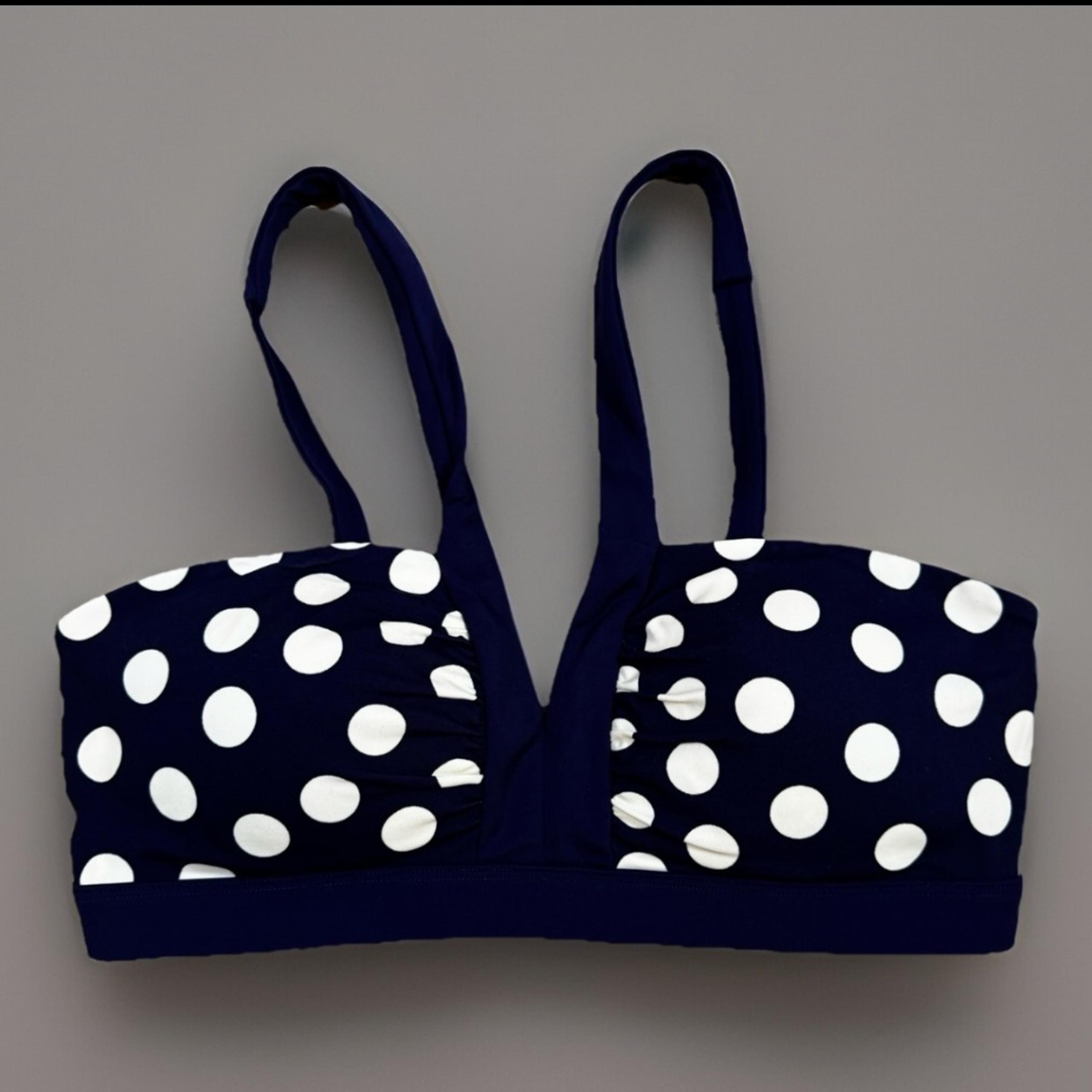 Boden Polka Dot Bikini Top Swimsuit Ruched Front Navy Blue White US 6
