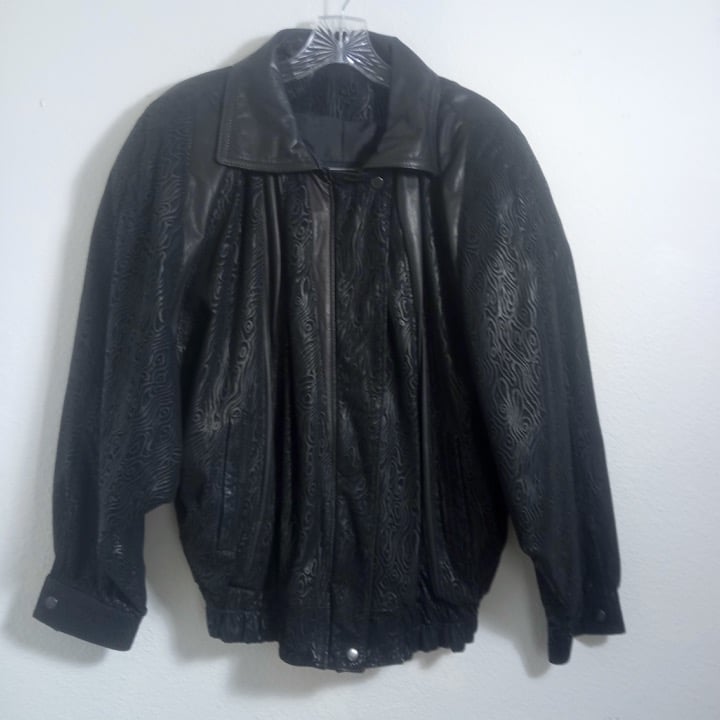 Vintage 80s GINO DiGORGIO Black Suede Leather Jacket Shoulder Pads Funky Pattern