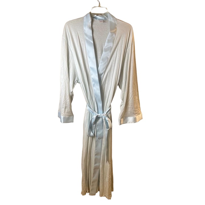Hanro Light Blue Kimono Robe Satin Trim Long Sleeves Medium 2600 0368 021