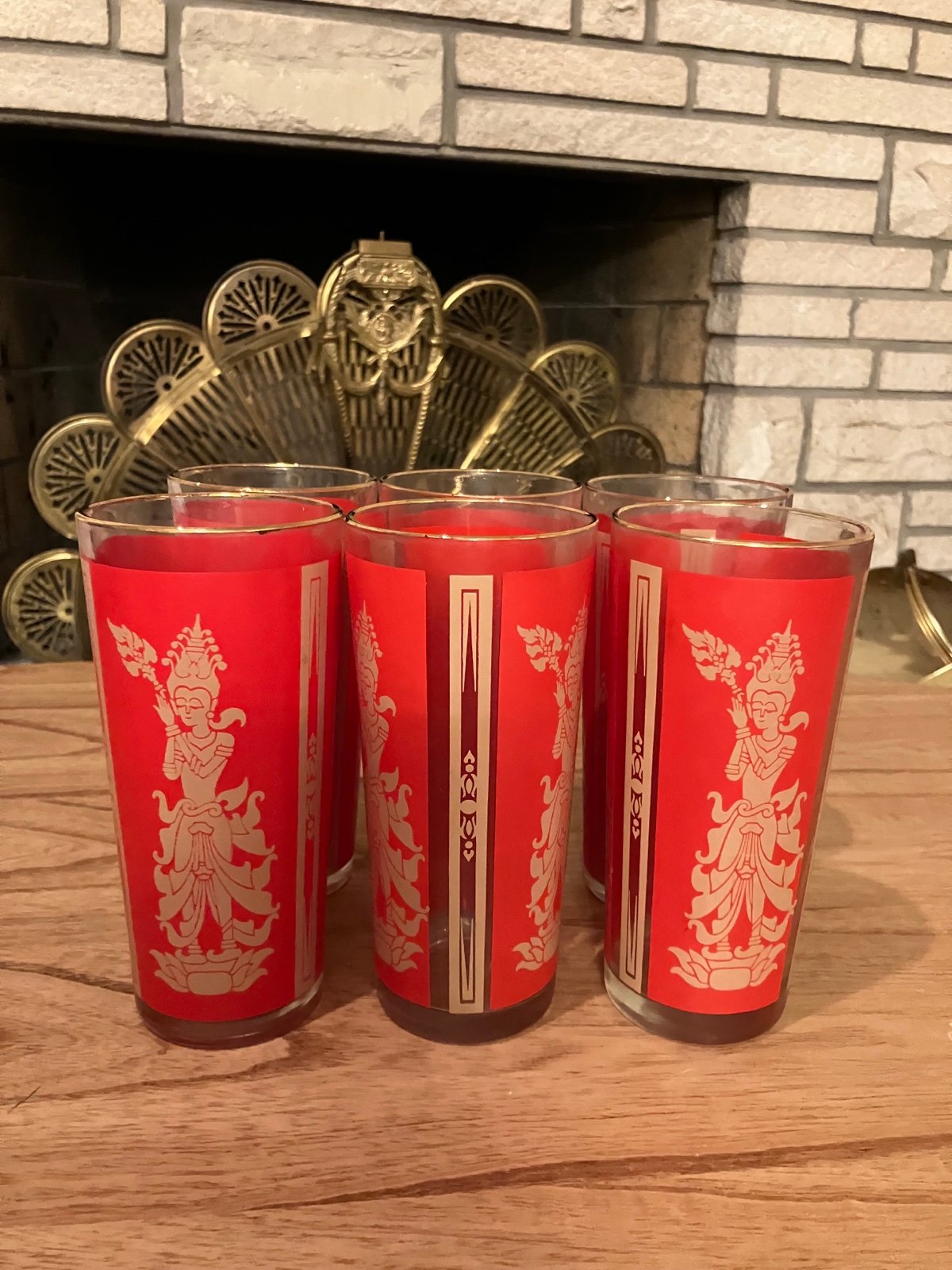Vintage MCM Federal Glass Red Siam glass tumbler with Thai or Hindu Goddess x6