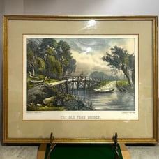 Vtg Currier & Ives Lithograph Print The Old Ford Bridge Professionally Framed